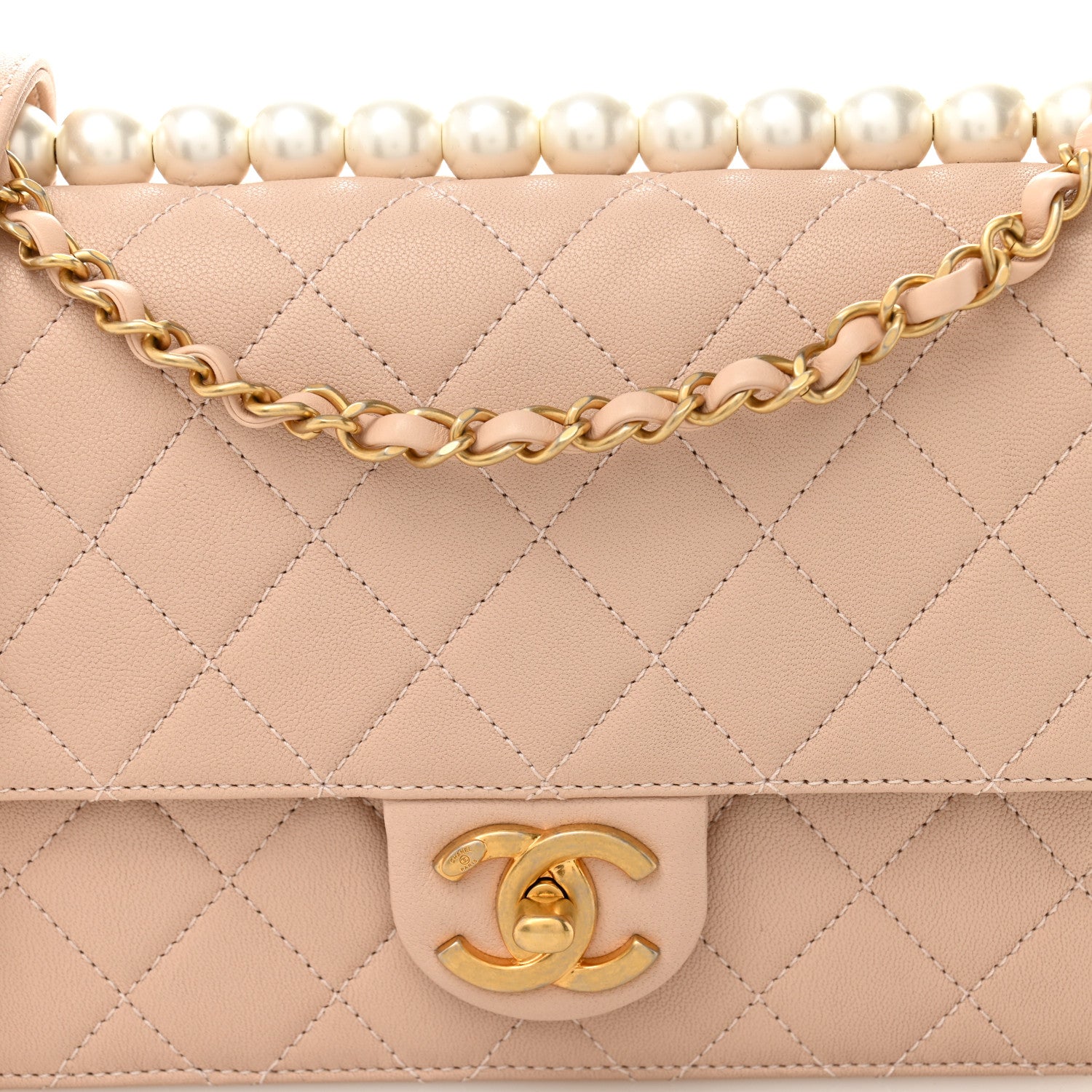 Goatskin Quilted Small Chic Pearls Flap Beige