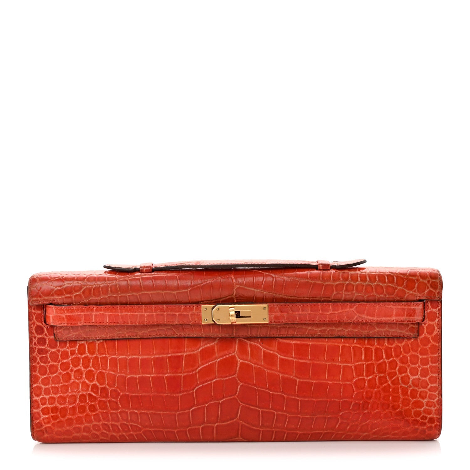 Shiny Porosus Crocodile Kelly Cut Pochette Orange Poppy