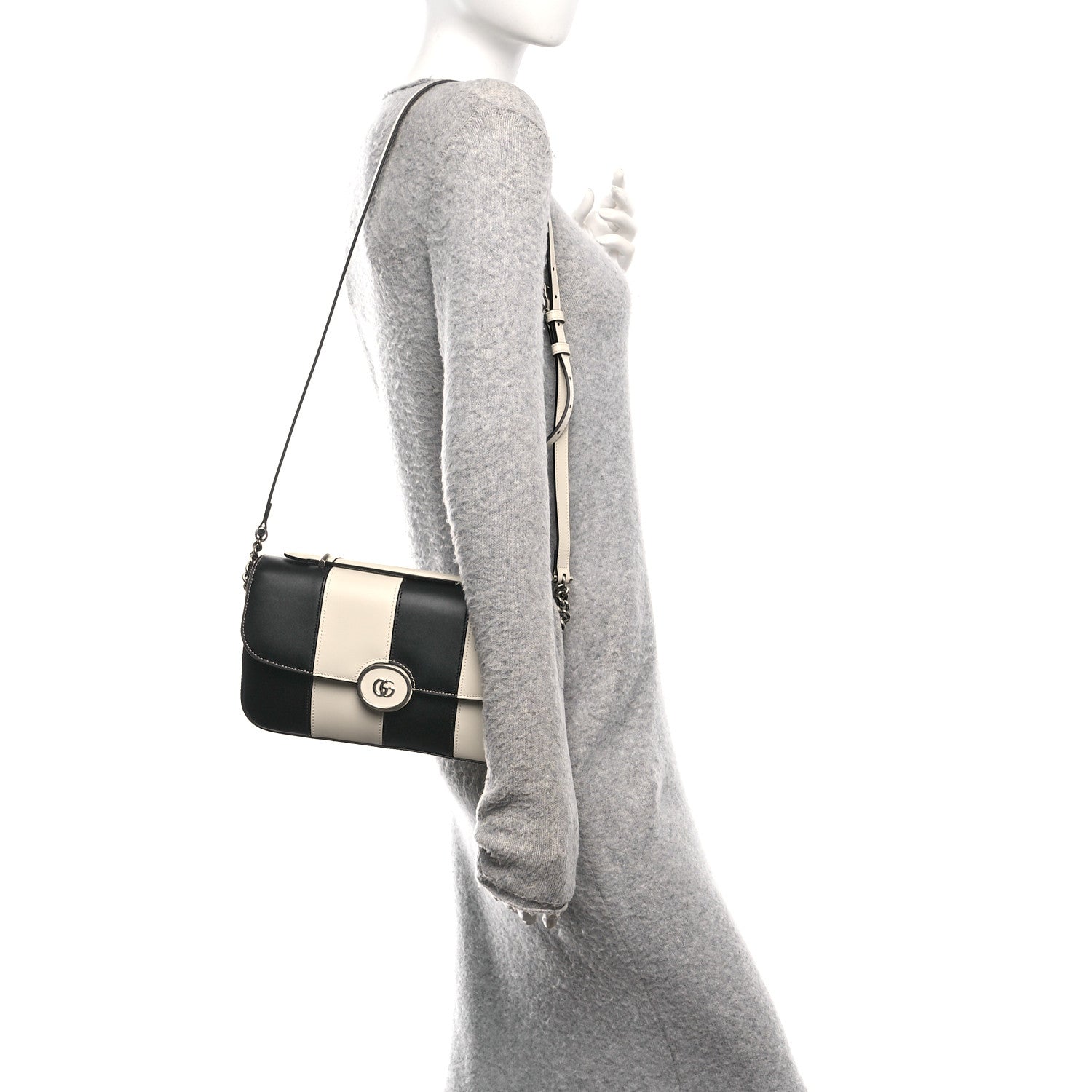 Senna Calfskin Lines Petite GG Top Handle Shoulder Bag Black Mystic White