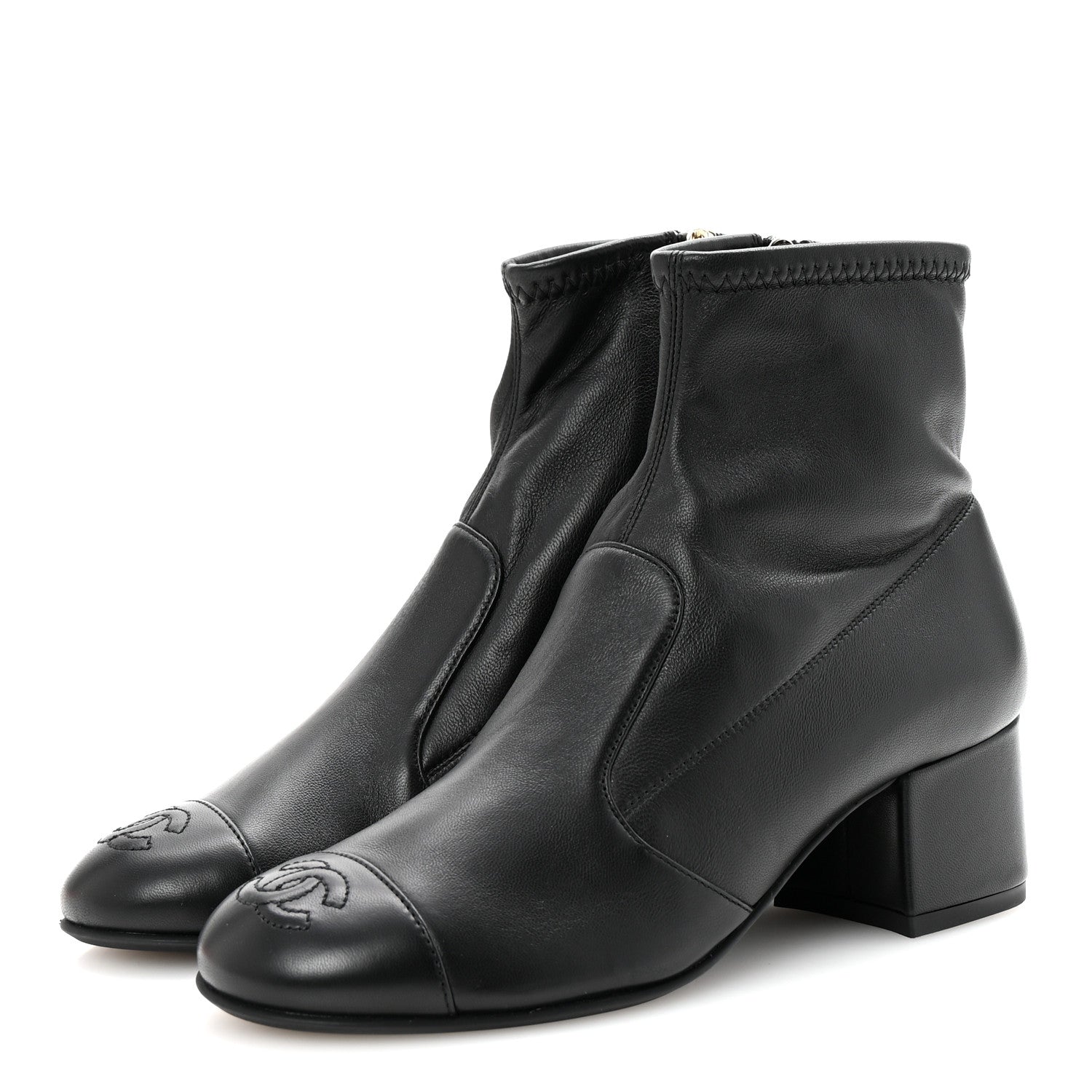 Stretch Lambskin Cap Toe CC Short Boots 35 Black