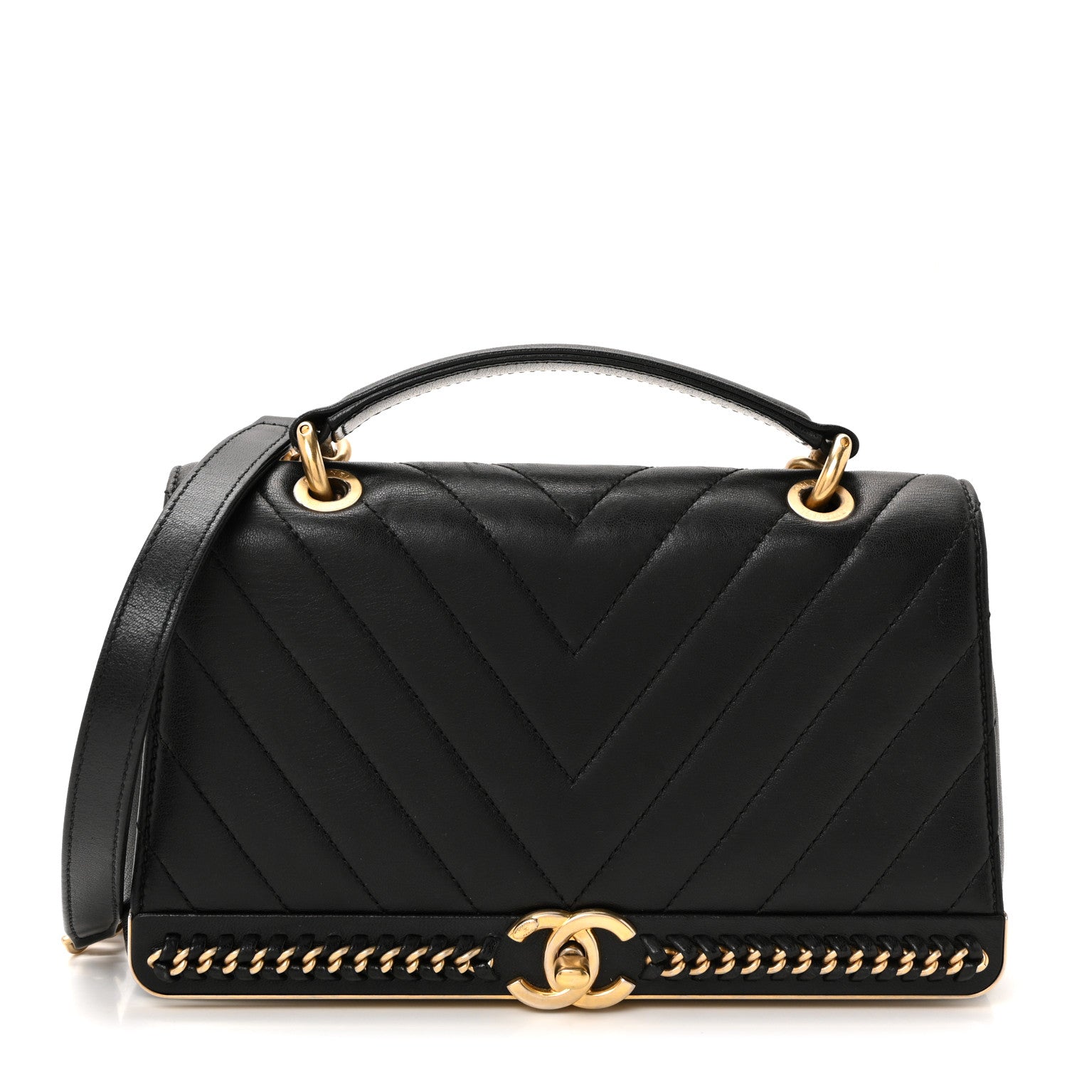 Sheepskin Chevron Stitched Chain Top Handle Flap Black