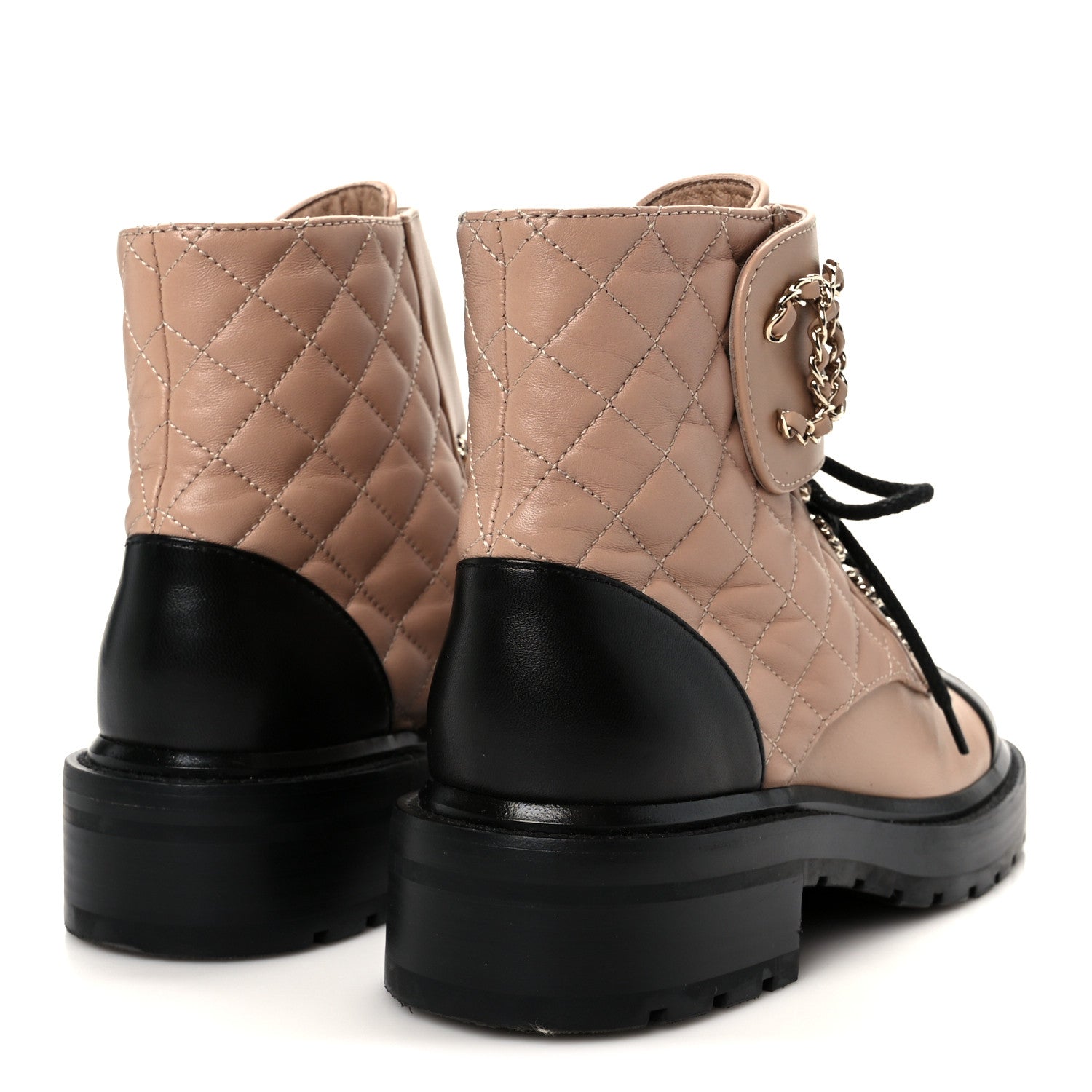 Shiny Lambskin Quilted Lace Up Combat Boots 36 Beige Black