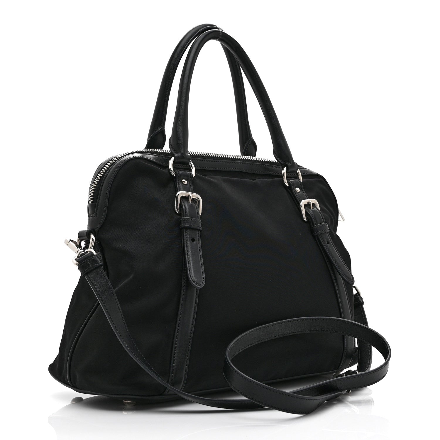 Tessuto Nylon Calfskin Dome Satchel Black