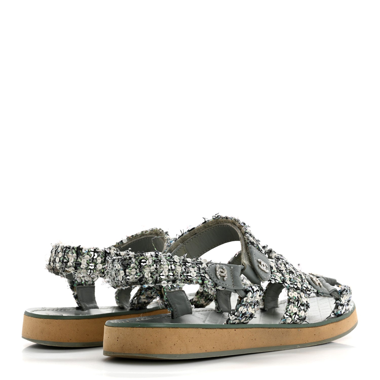 Tweed Sequin Crystal CC Sandals 40 Blue Multicolor