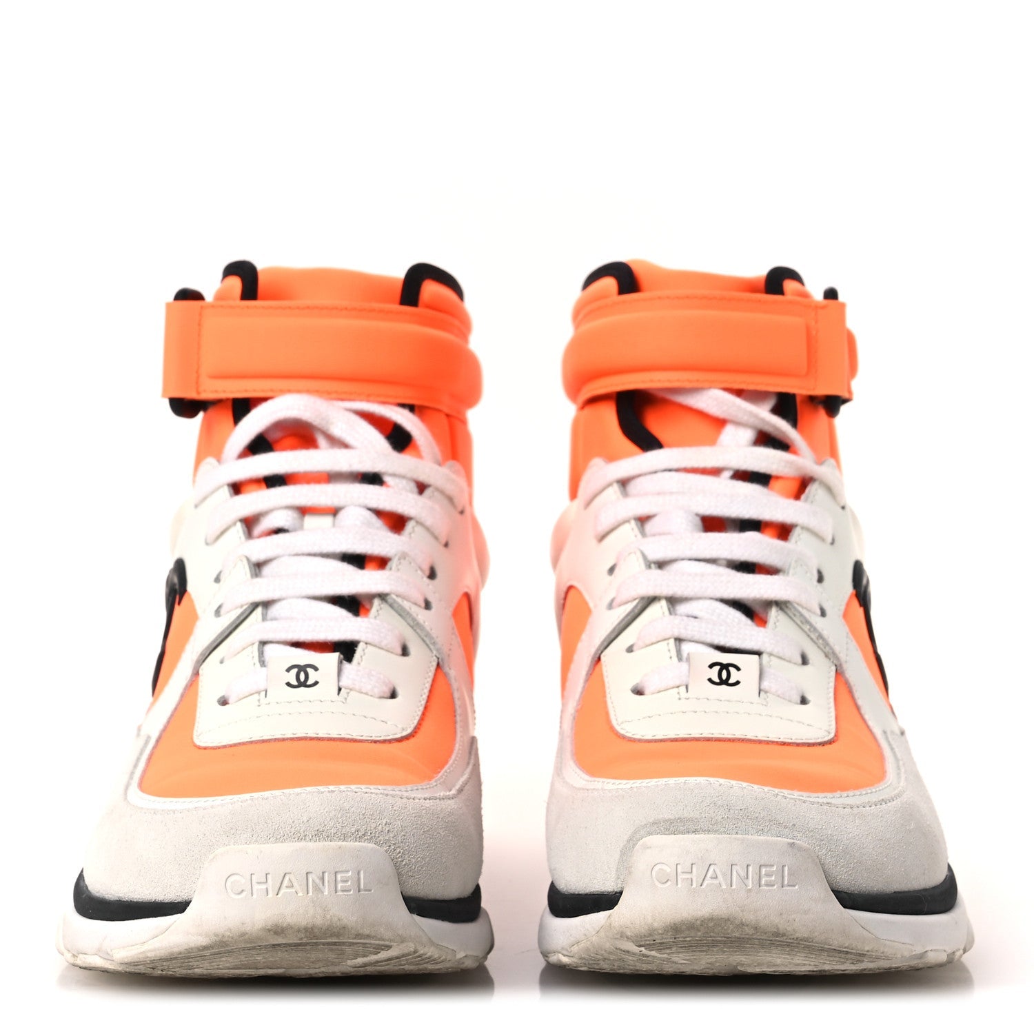 Suede Calfskin Lambskin Neoprene High Top CC Sneakers 39 White Fluo Orange