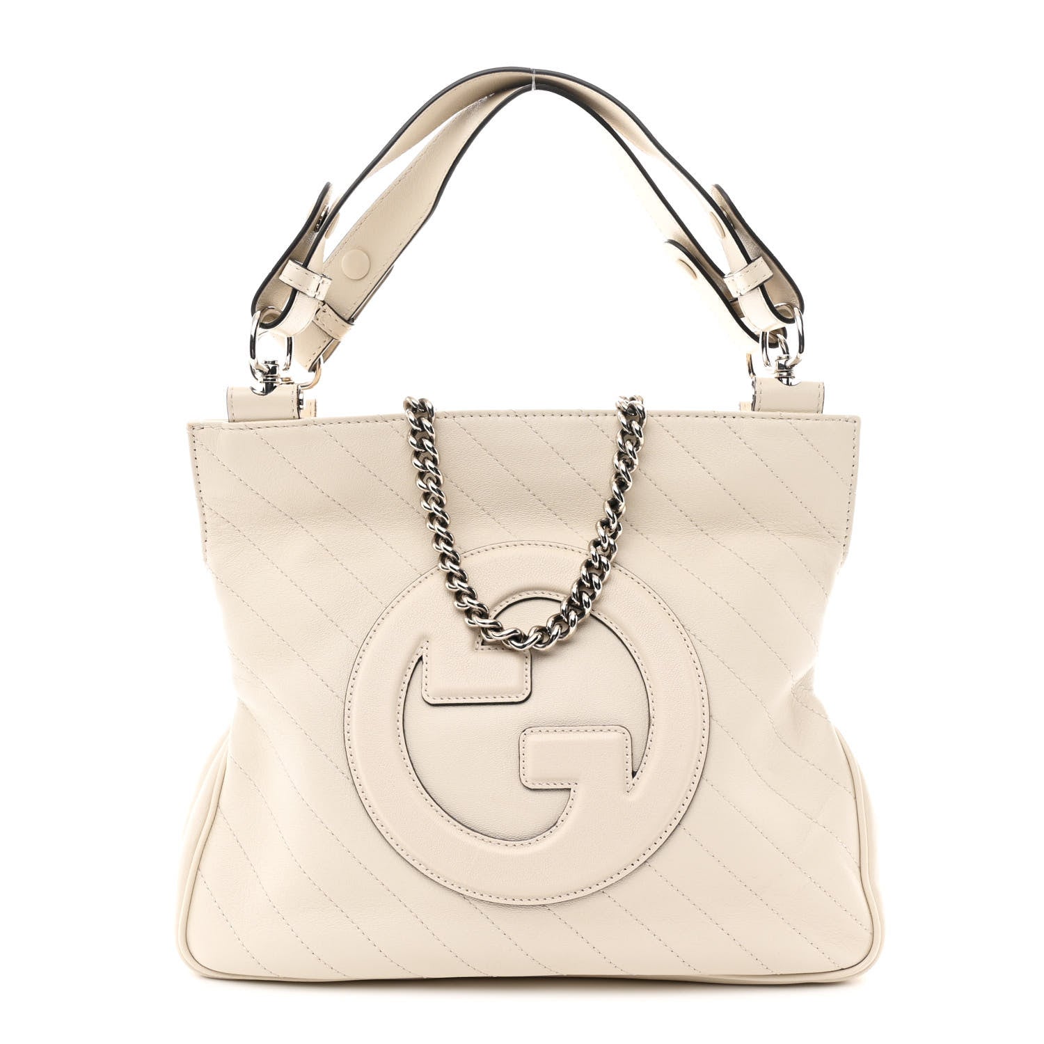 Sakai Be Green Calfskin Diagonal Stitched Small Blondie Tote Mystic White