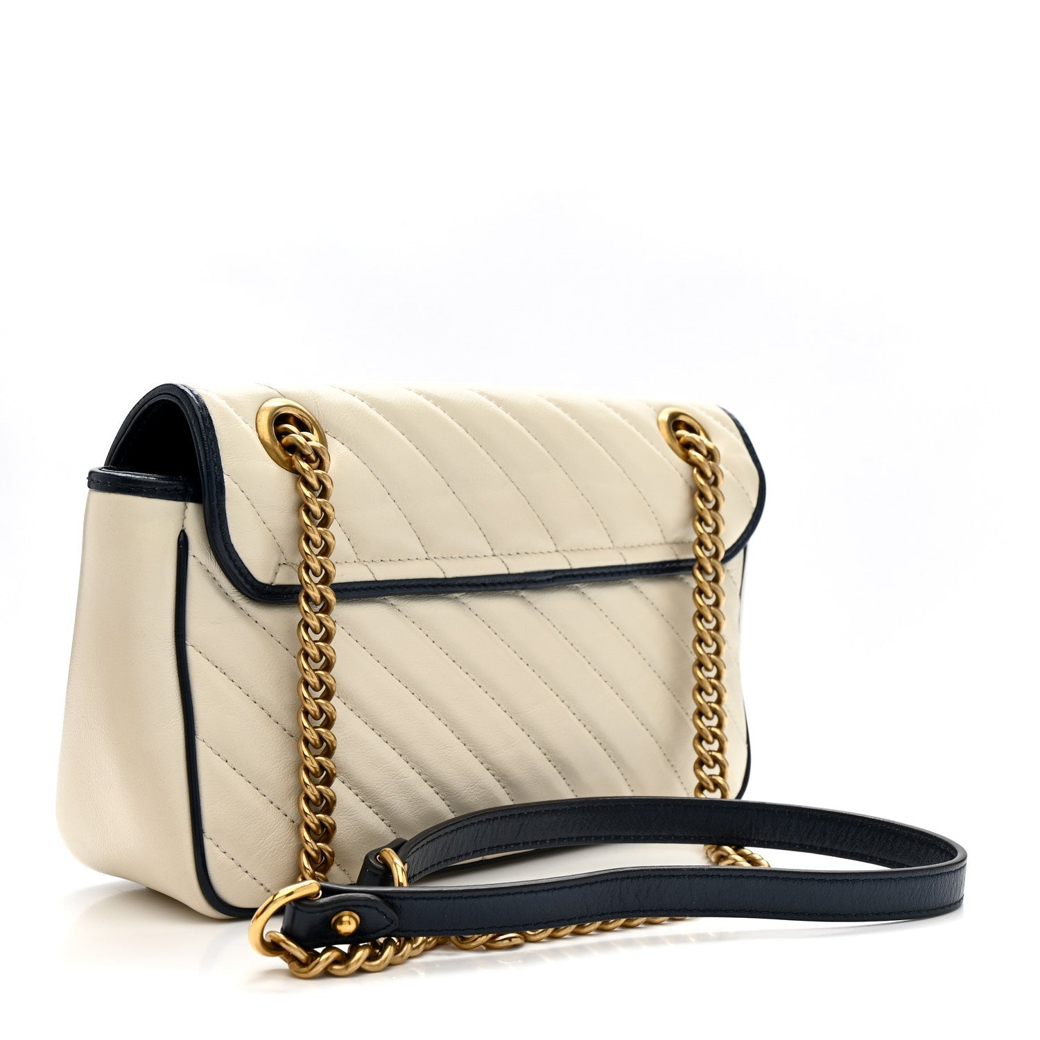 Vintage Effect Calfskin Matelasse Diagonal Small Torchon GG Marmont Shoulder Bag Mystic White Blue Agata
