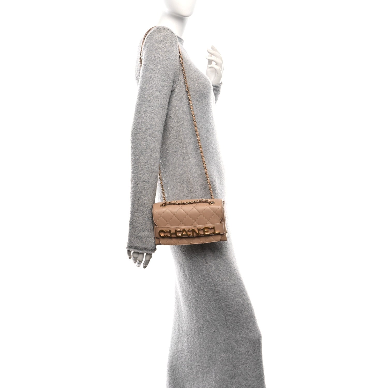 Calfskin Quilted Small Enchained Flap Beige