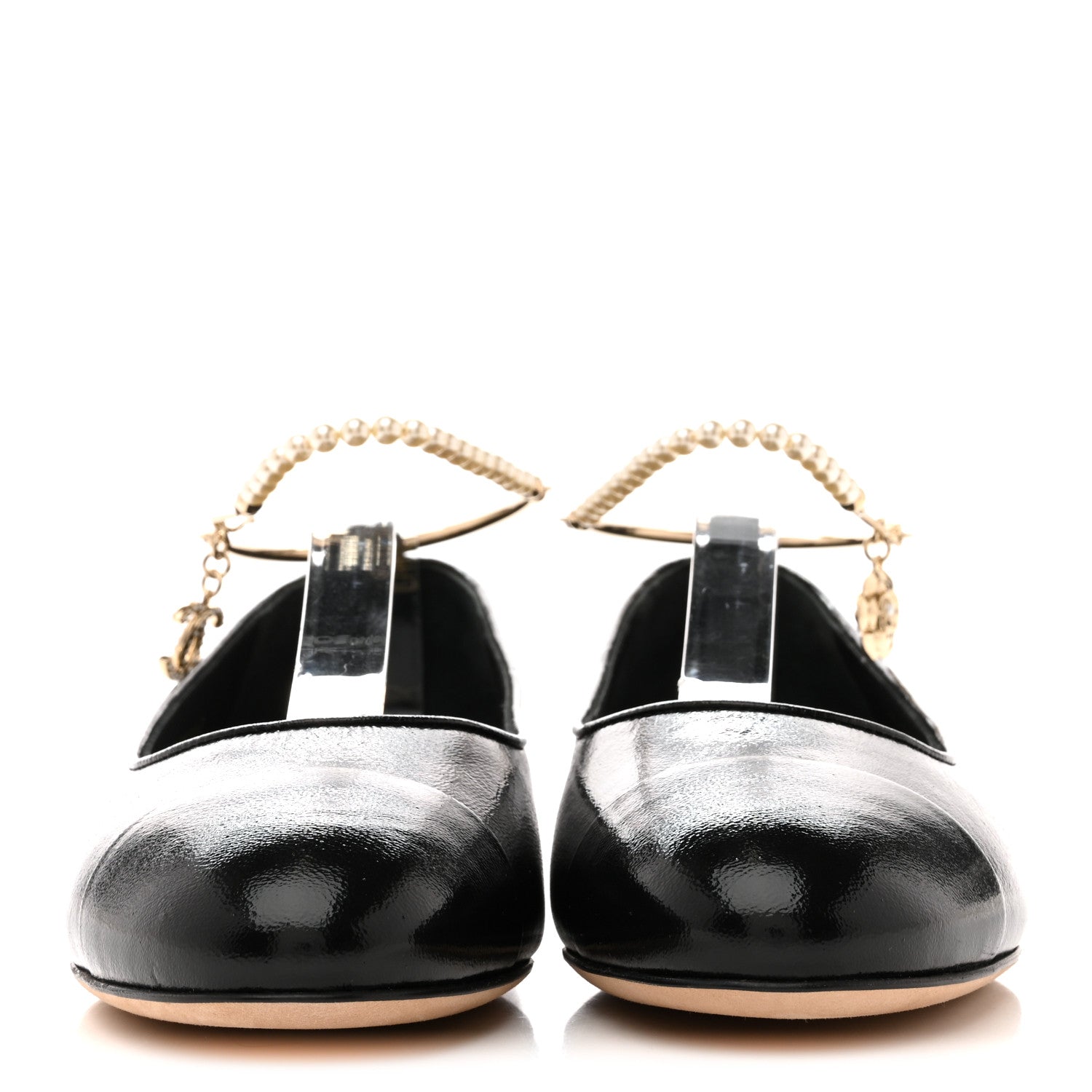 Shiny Lambskin Pearl Cap Toe Ankle Chain Ballerina Flats 39 Black