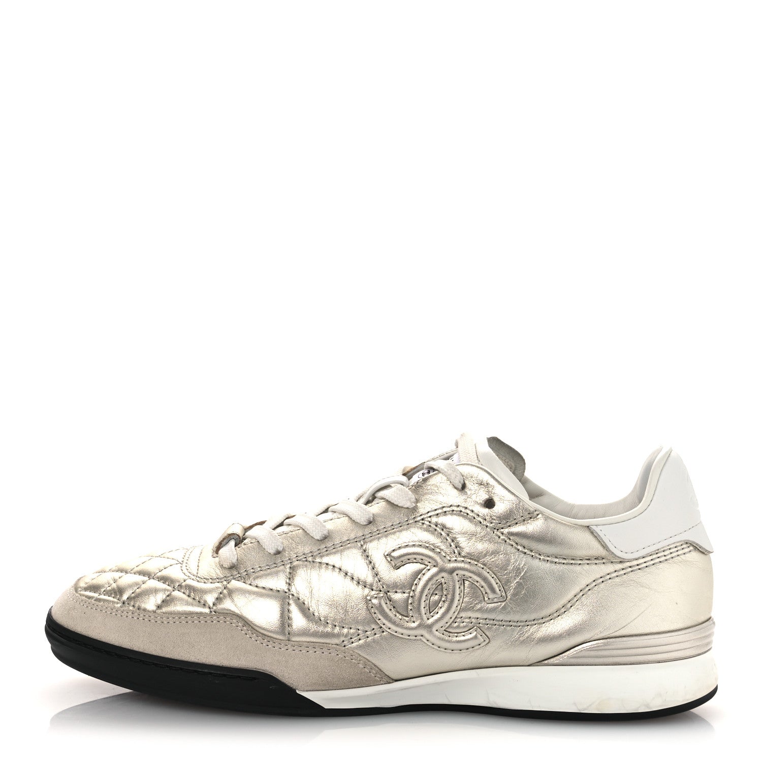 Laminated Calfskin Suede Quilted Womens CC Sneakers 39 Silver White