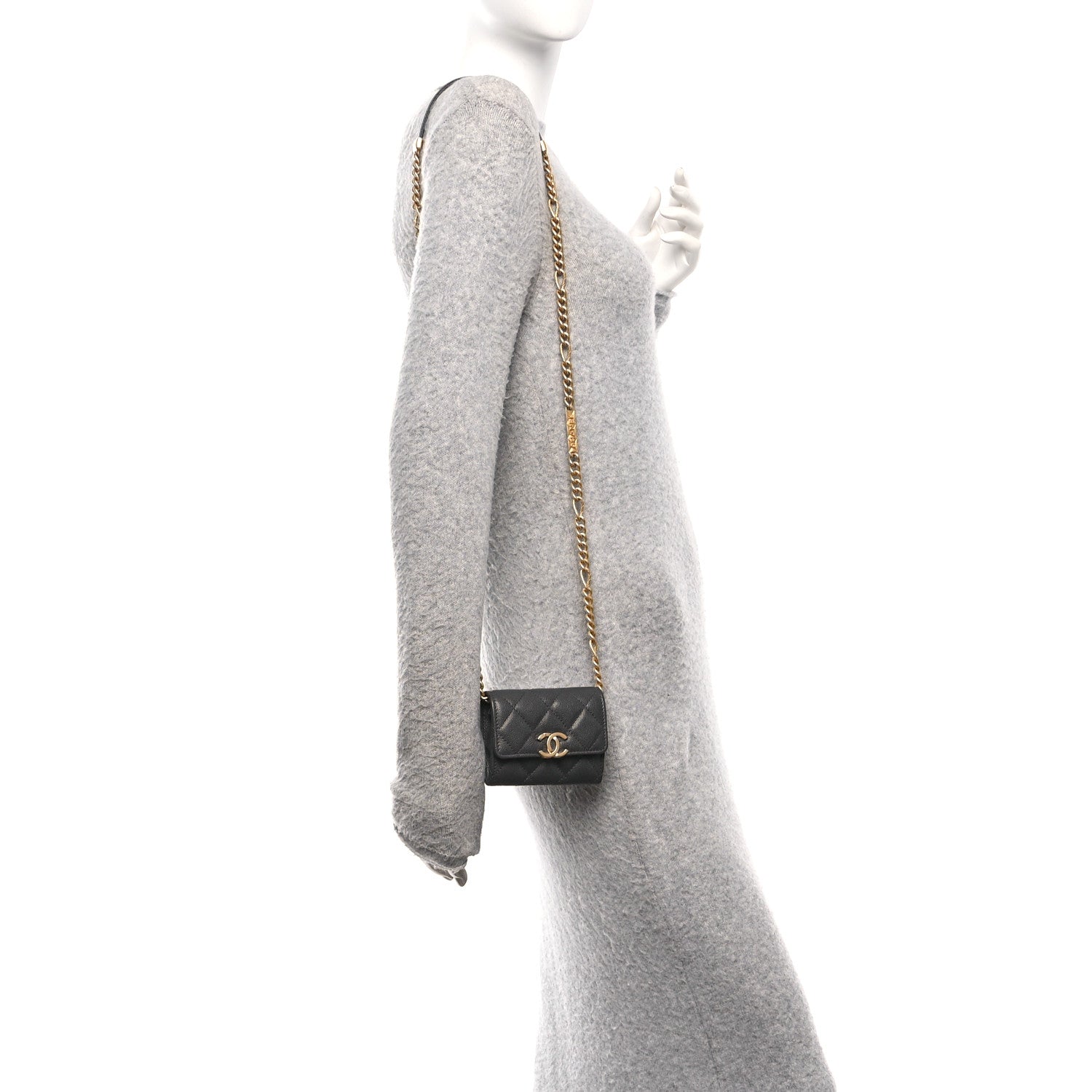 Caviar Quilted Bracelet On Chain Clutch Grey