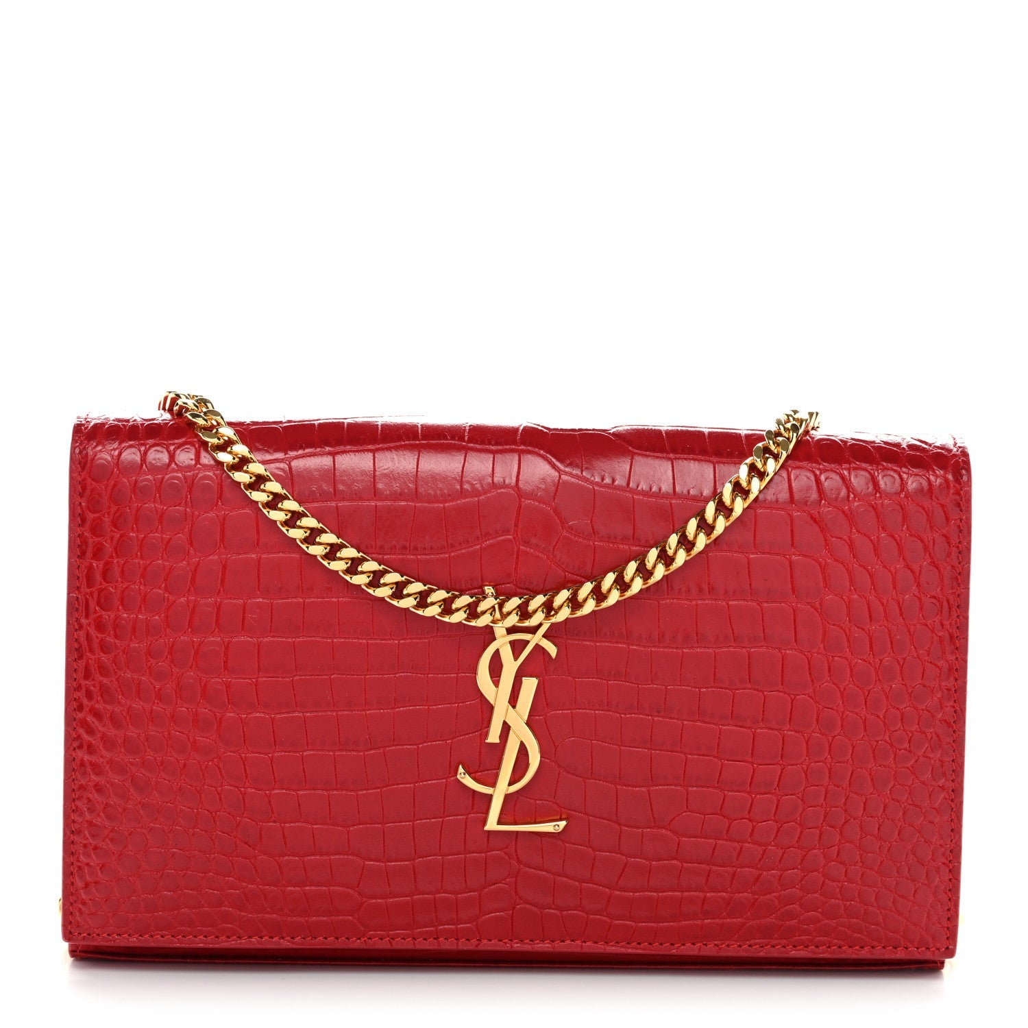 Calfskin Crocodile Embossed Monogram Chain Wallet New Lipstick Red