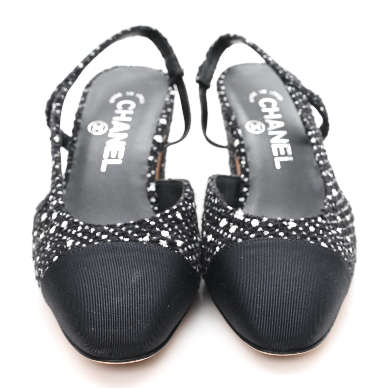 Tweed Polkadot Grosgrain Cap Toe CC Slingback Pumps 36 Black White Silver