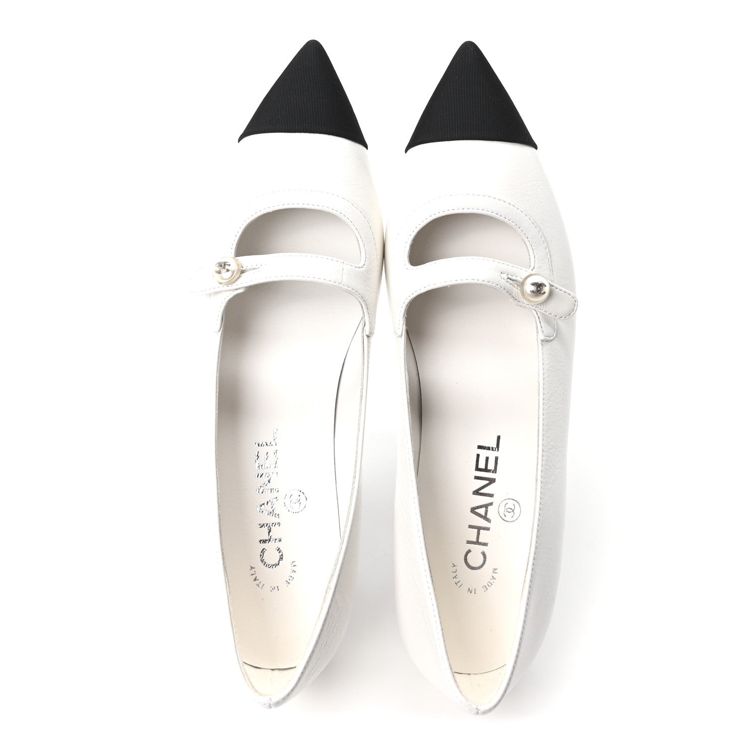 Shiny Lambskin Grosgrain Pearl Mary Janes Flats 37.5 White Black