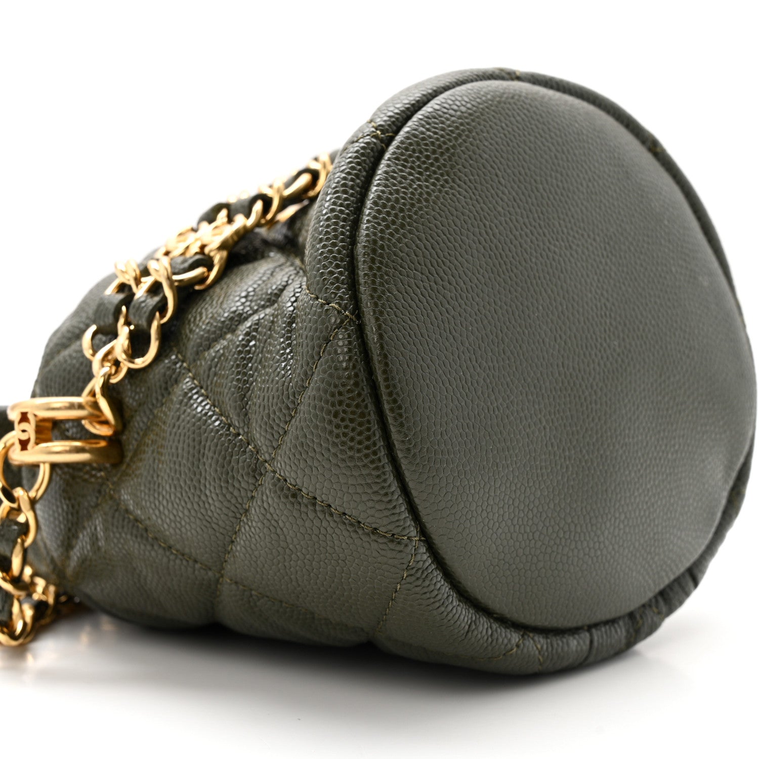 Caviar Quilted Coco First Bucket Clutch With Chain Khaki