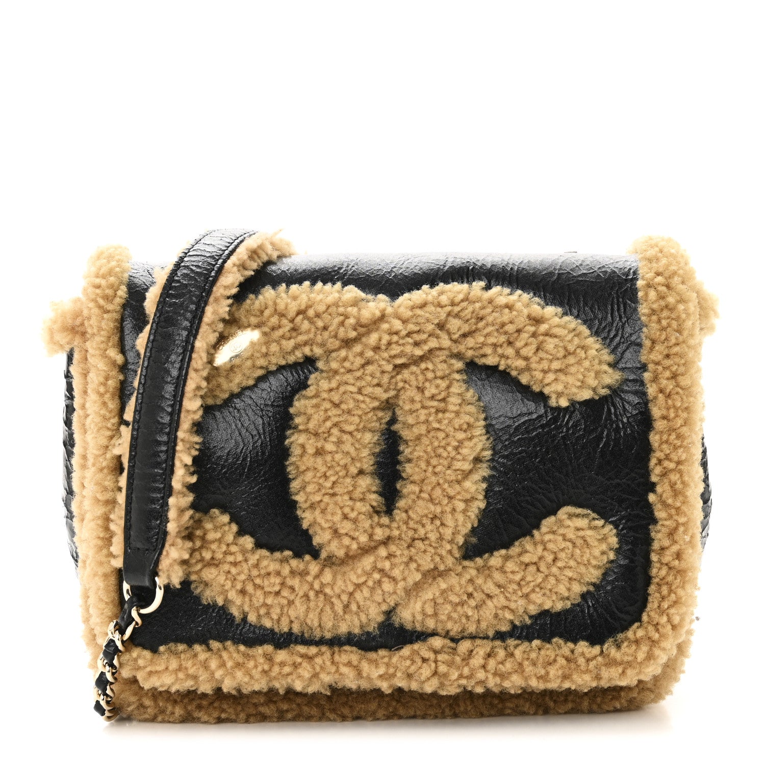 Shiny Crumpled Sheepskin Shearling CC Mania Flap Bag Black Beige