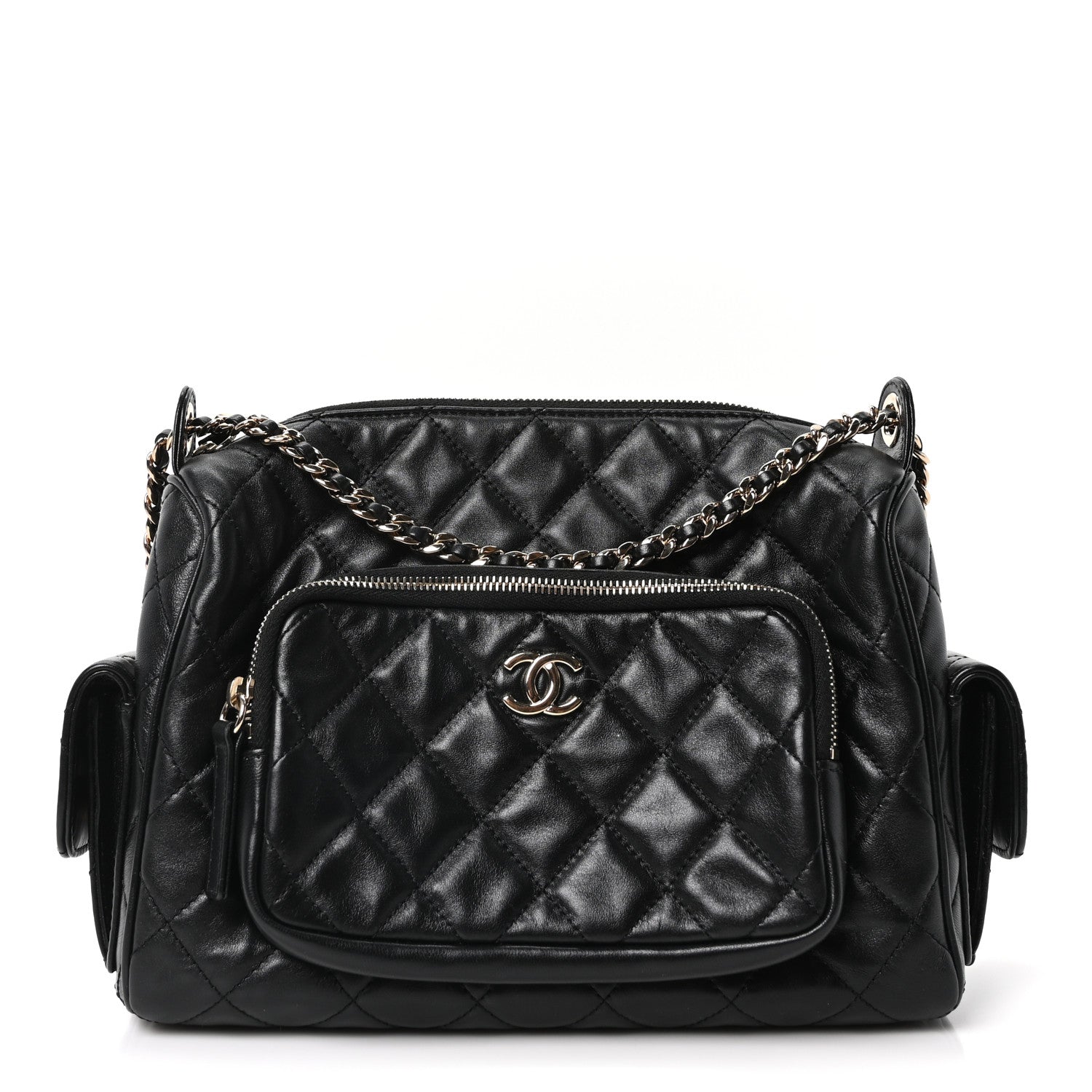 Shiny Crumpled Lambskin Quilted Medium Preppy Pocket Camera Case Black