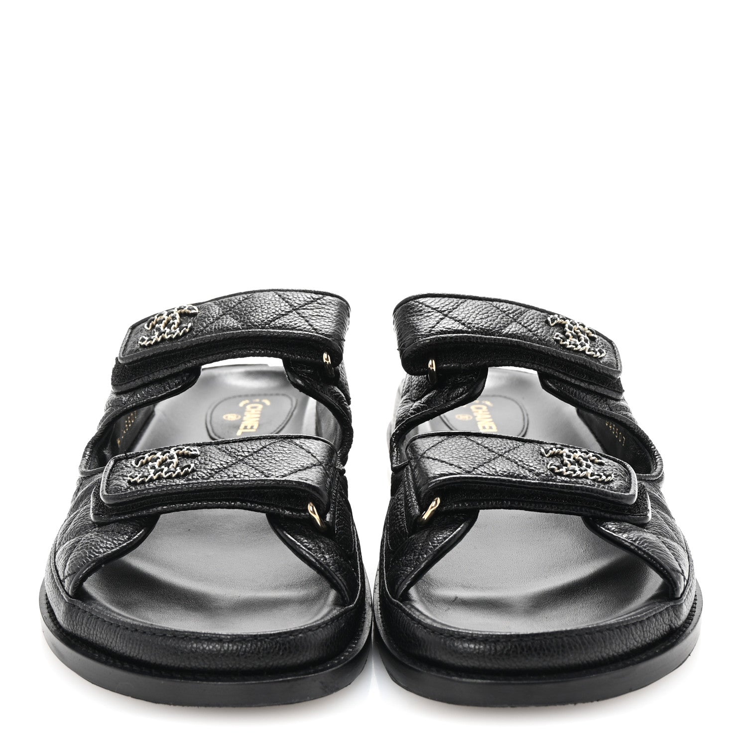 Grained Calfskin Quilted Velcro Dad Chain CC Slide Sandals 40 Black