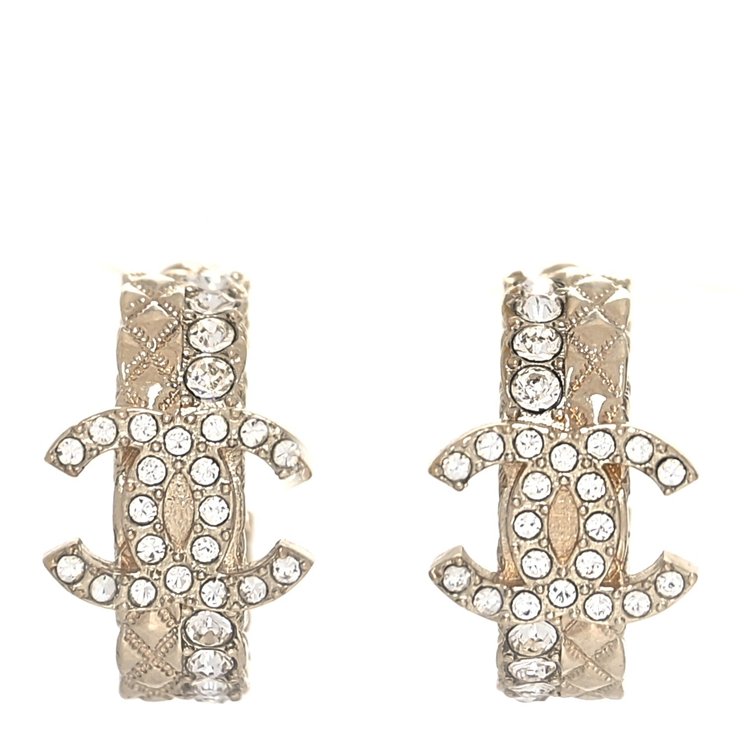 Metal Crystal Quilted CC Hoop Earrings Gold