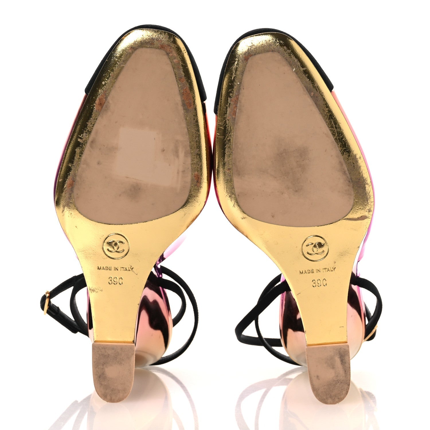 Laminated Calfskin Grosgrain Cap Toe CC Wedge Pumps 39 Pink Orange Yellow Black