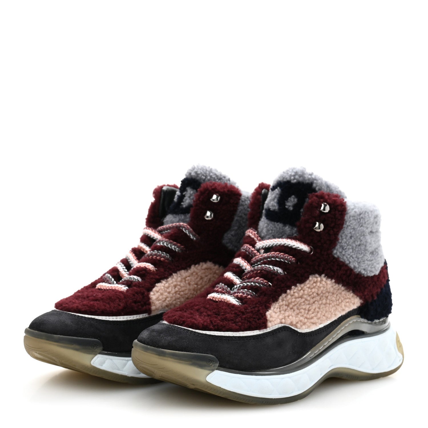 Shearling Lambskin Suede CC High Top Sneakers 36.5 Grey Pink Burgundy