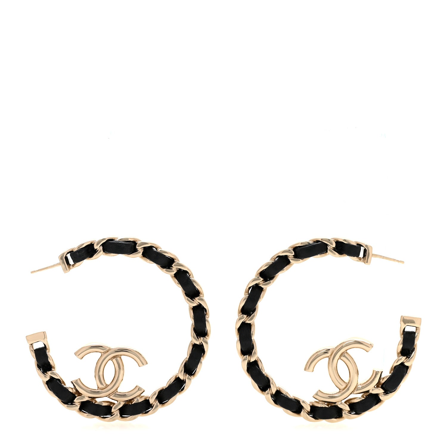 Metal Lambskin Quilted CC Chain Hoop Earrings Gold Black