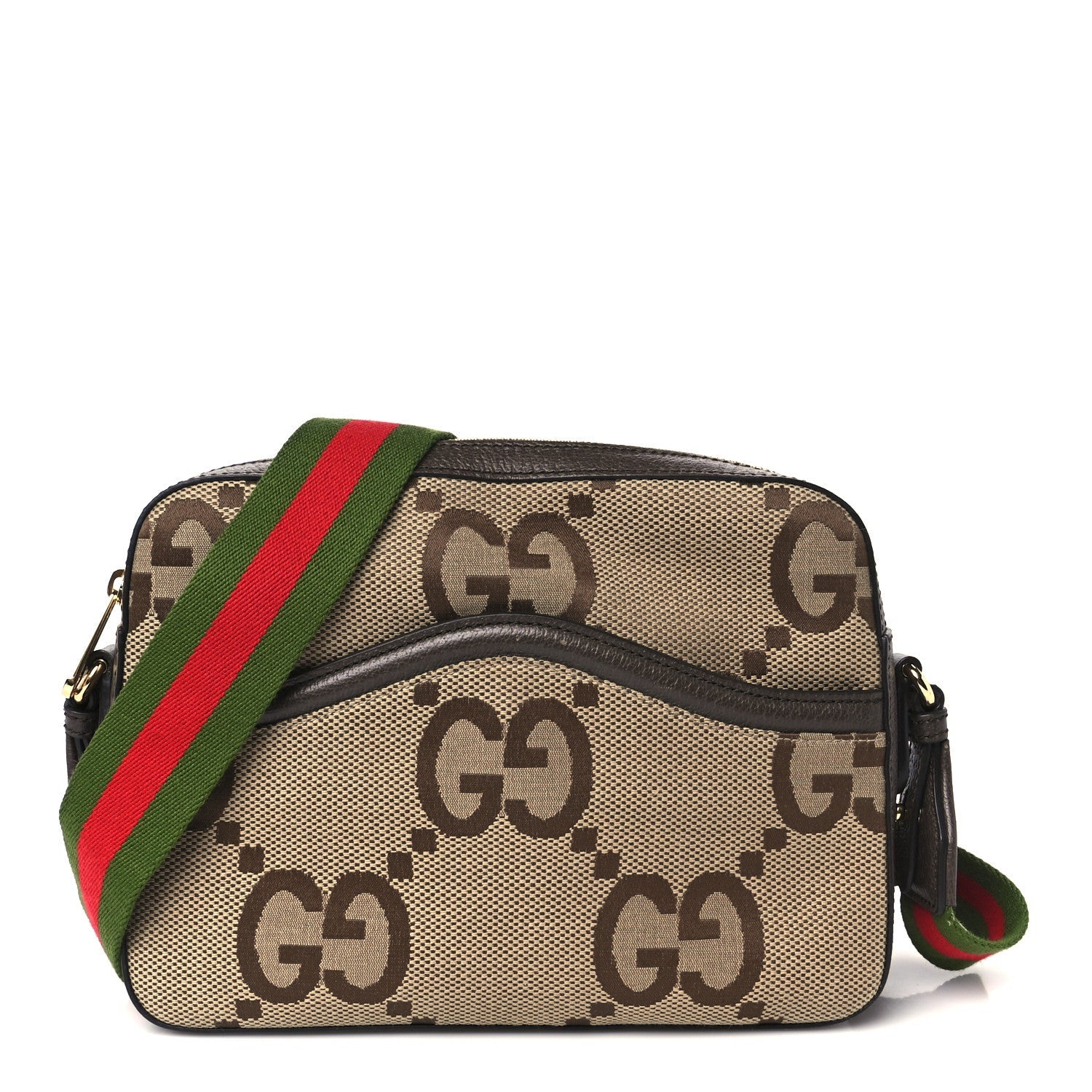 Monogram Jumbo GG Textured Dollar Calfskin Web Messenger Shoulder Bag Camel Ebony New Acero