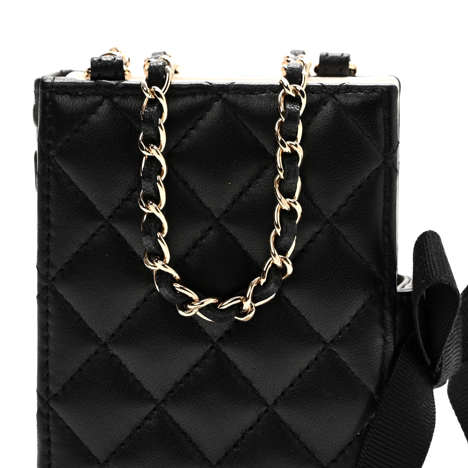 Lambskin Quilted Book Card Holder on Chain Black