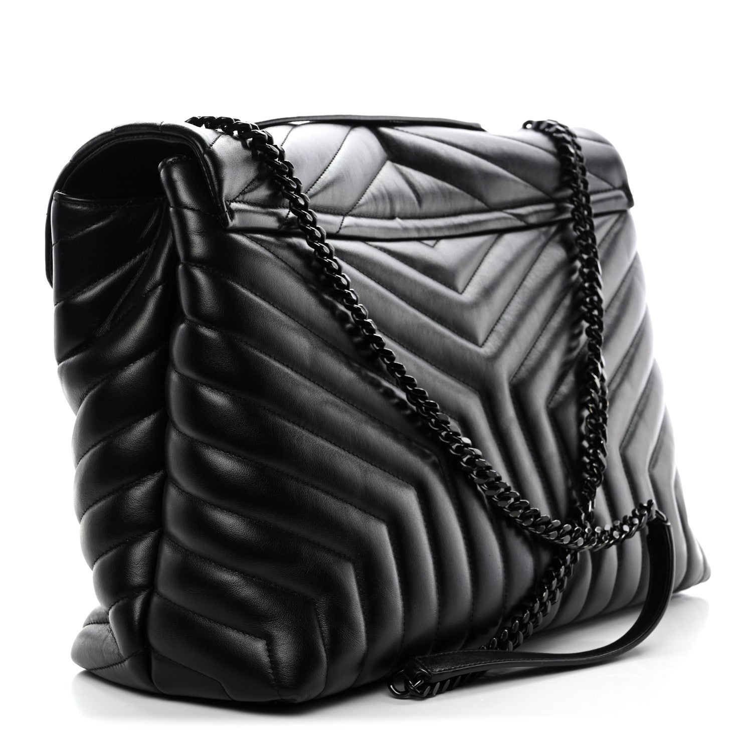 Calfskin Y Quilted Monogram Monochrome Large Loulou Chain Satchel Black