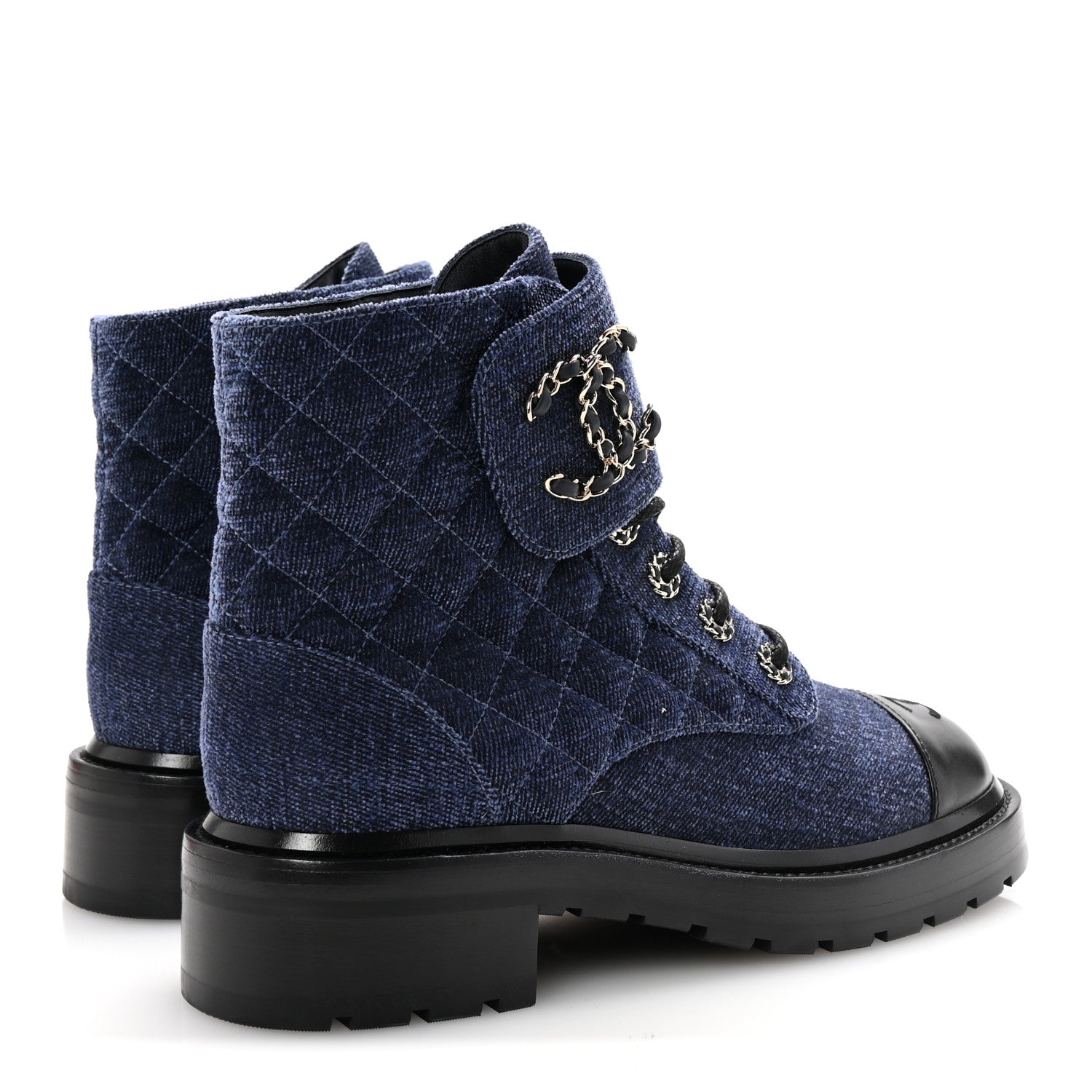 Shiny Calfskin Velvet Quilted Lace Up Combat Boots 38.5 Blue Black