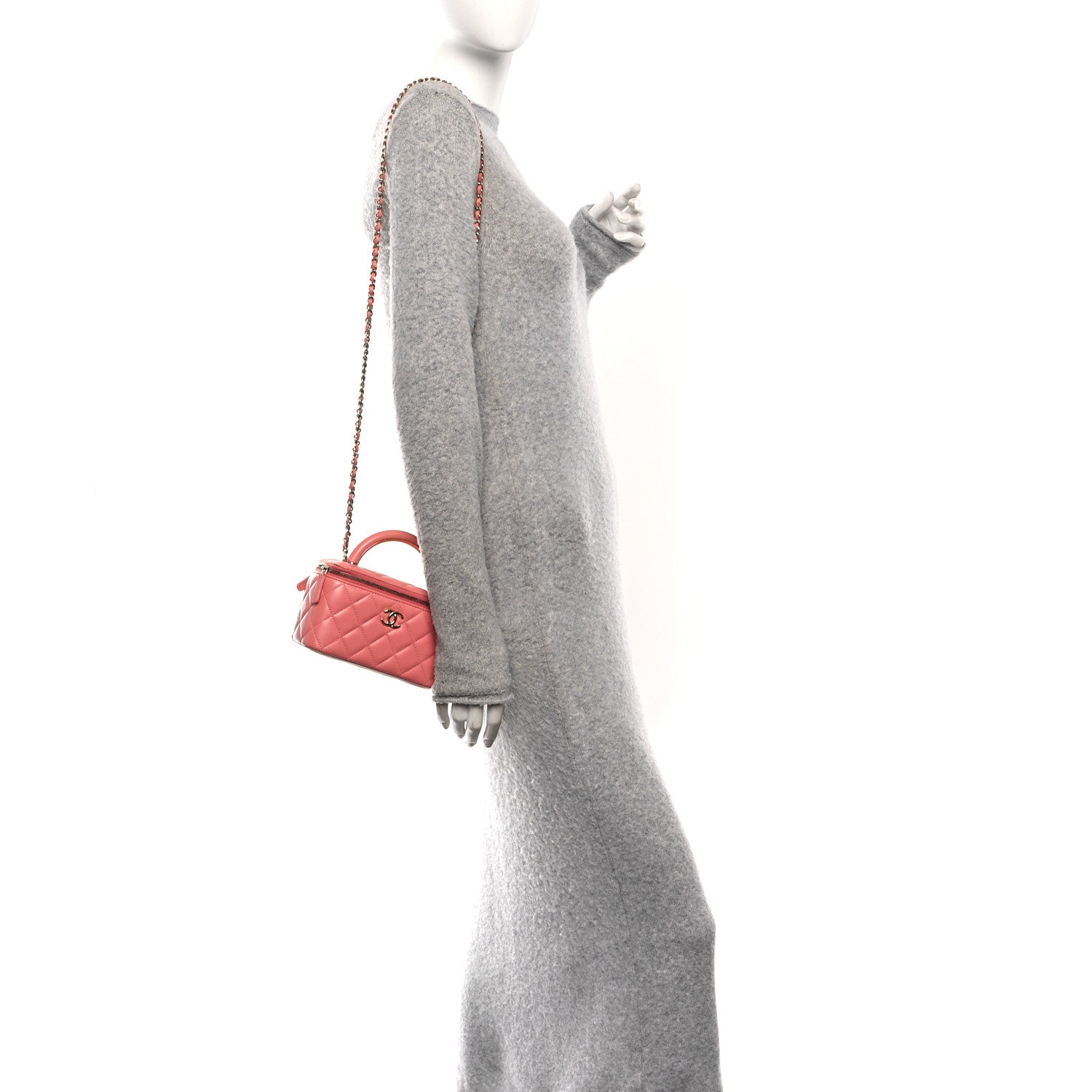 Lambskin Quilted Small Charming Top Handle Vanity Case With Chain Pink