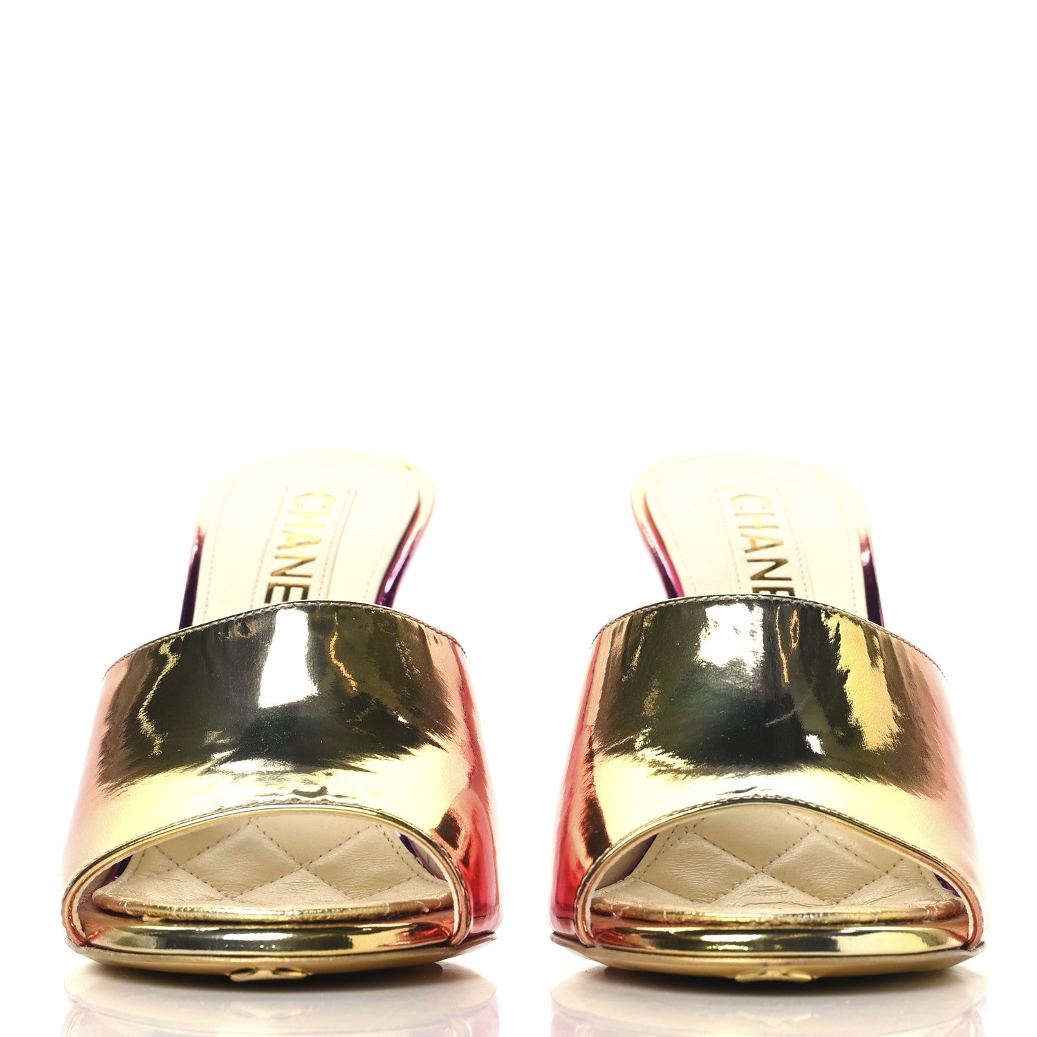 Laminated Calfskin Wedge Mules 36.5 Pink Orange Yellow