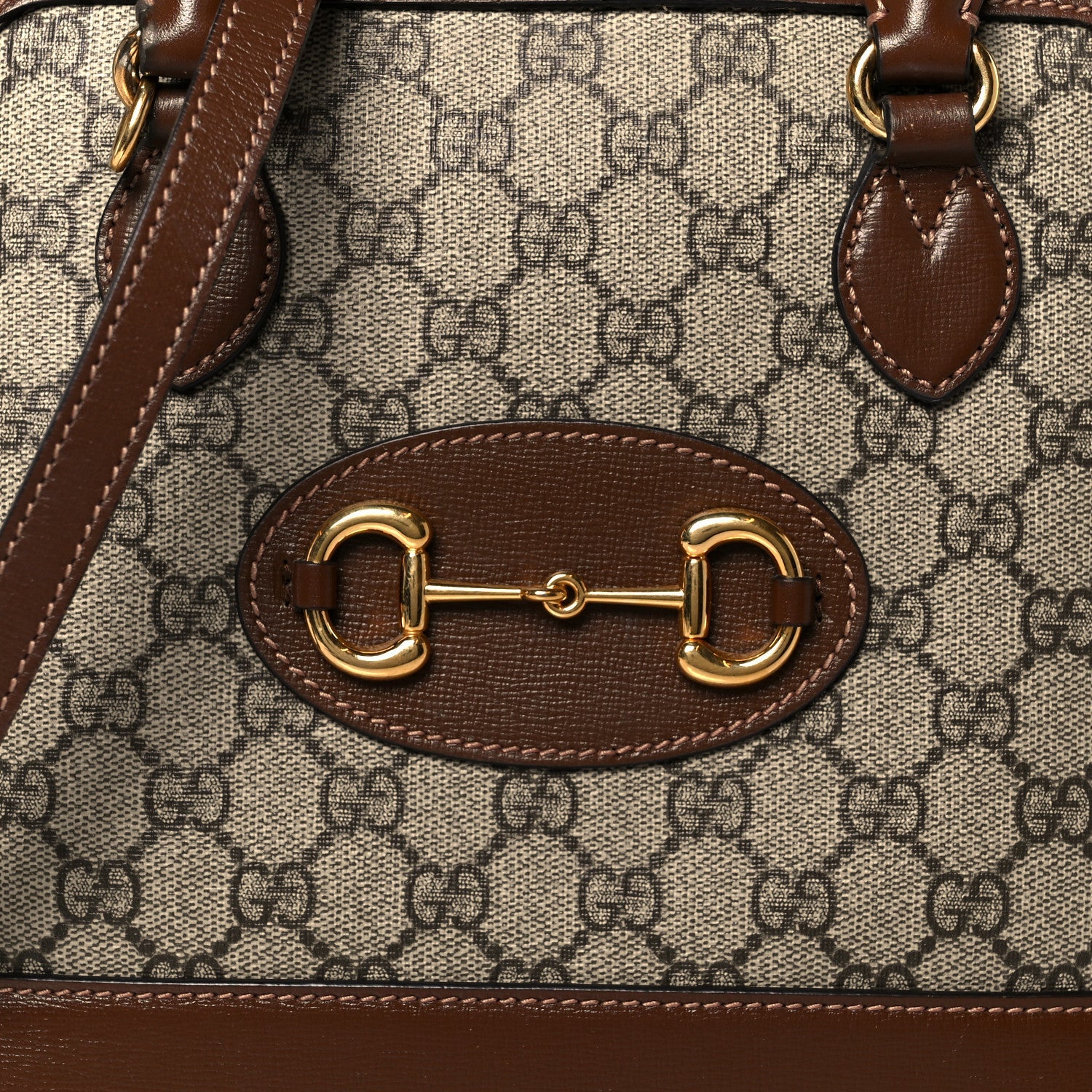 GG Supreme Monogram Azalea Calfskin Small Horsebit 1955 Top Handle Bag Beige Ebony Brown Sugar
