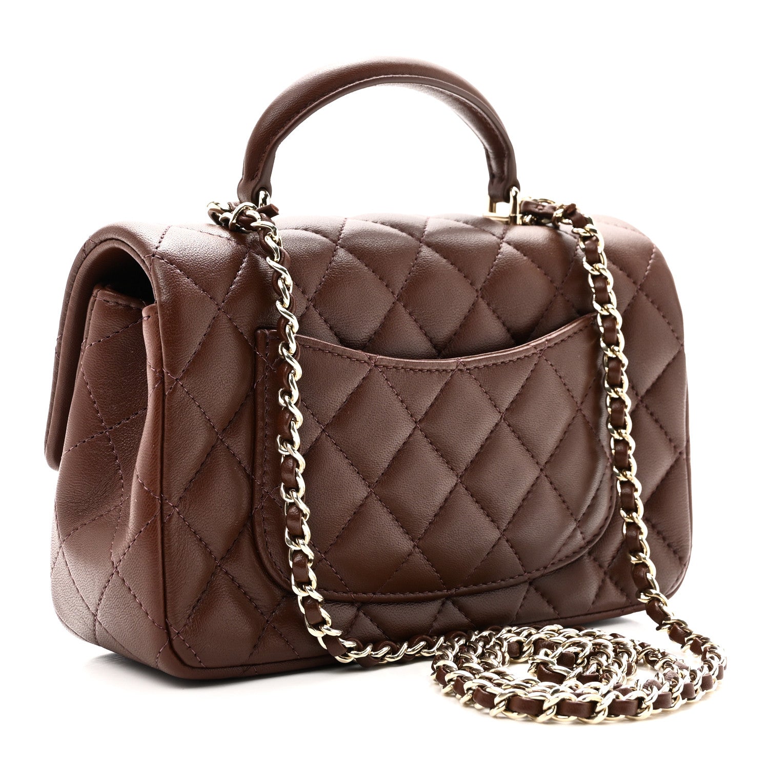 Lambskin Quilted Mini Top Handle Rectangular Flap Dark Brown