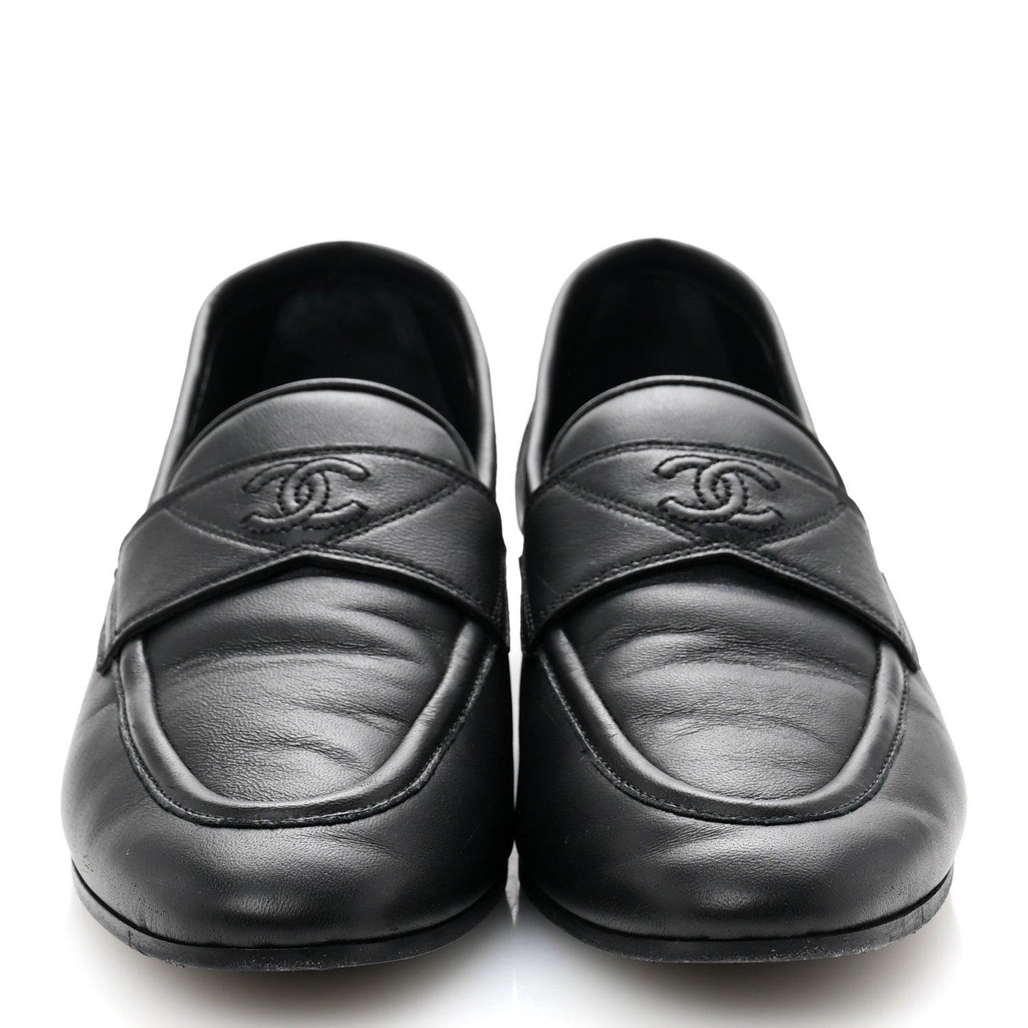 Calfskin Womens Stitched CC Loafers 37 Black