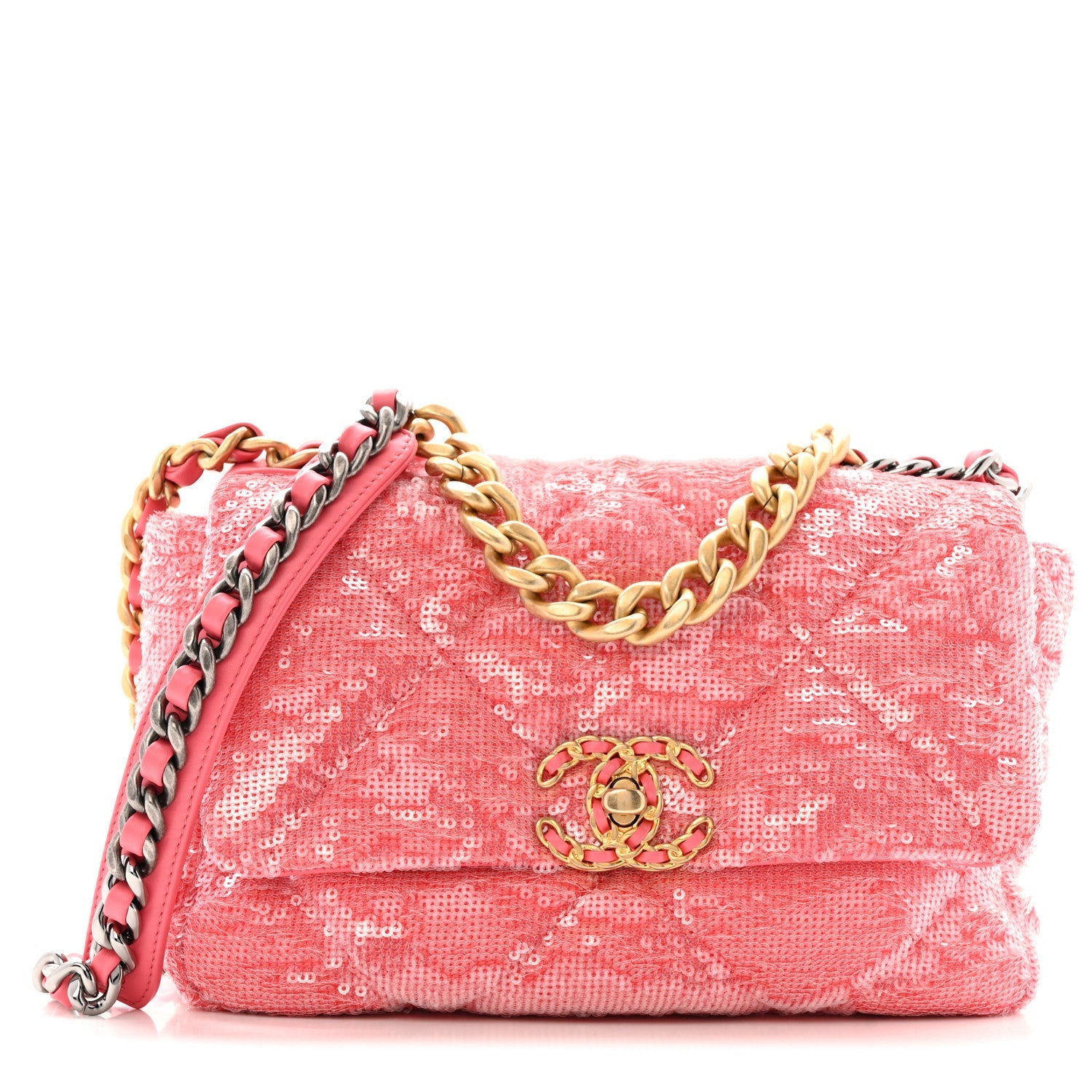 Sequin Quilted Medium Chanel 19 Flap Coral
