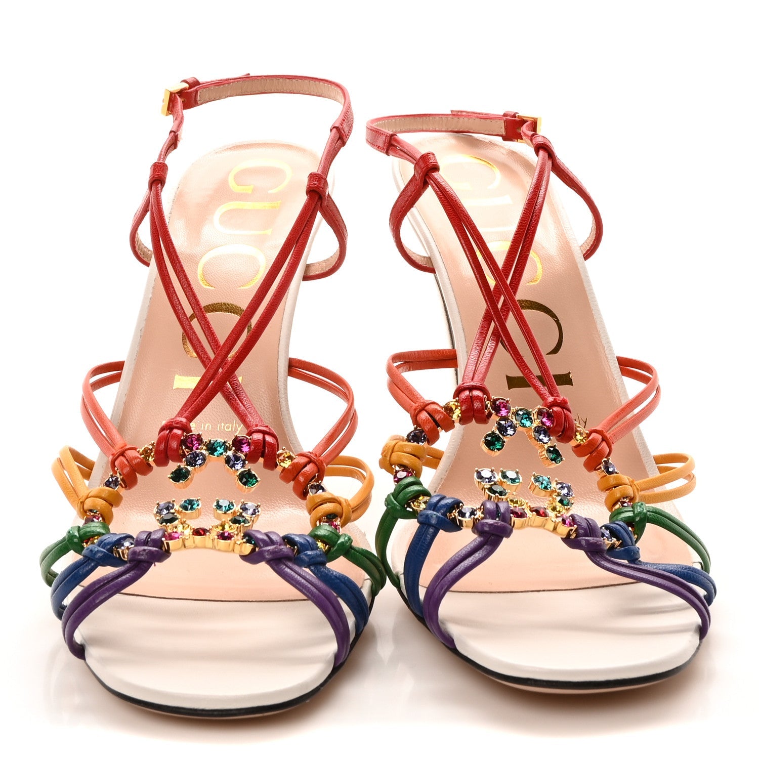 Calfskin Crystal GG Isa Ankle Strap Mid Heel Sandals 37 Multicolor