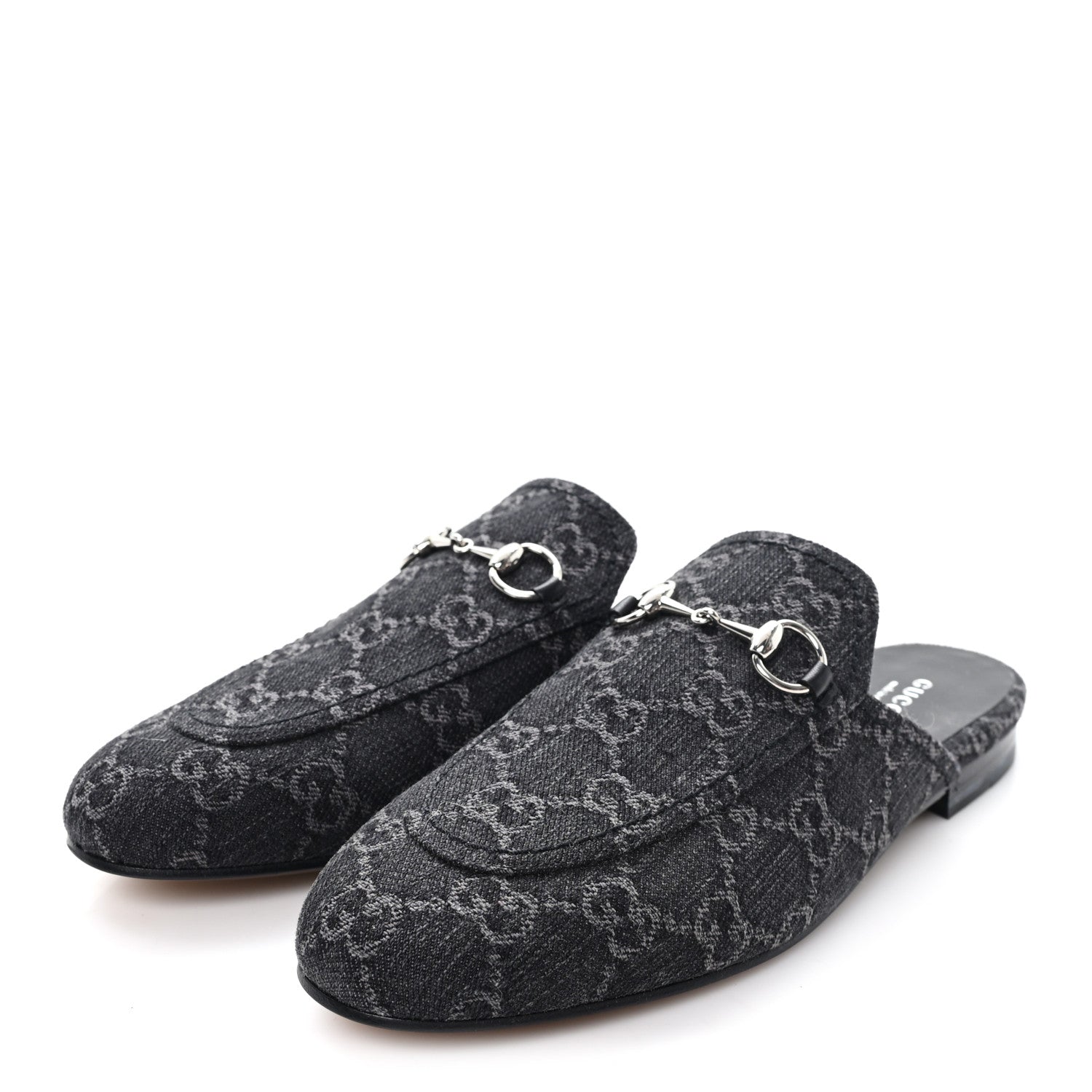New Denim GG Malaga Kid Womens Princetown Slippers 37.5 Grey Black