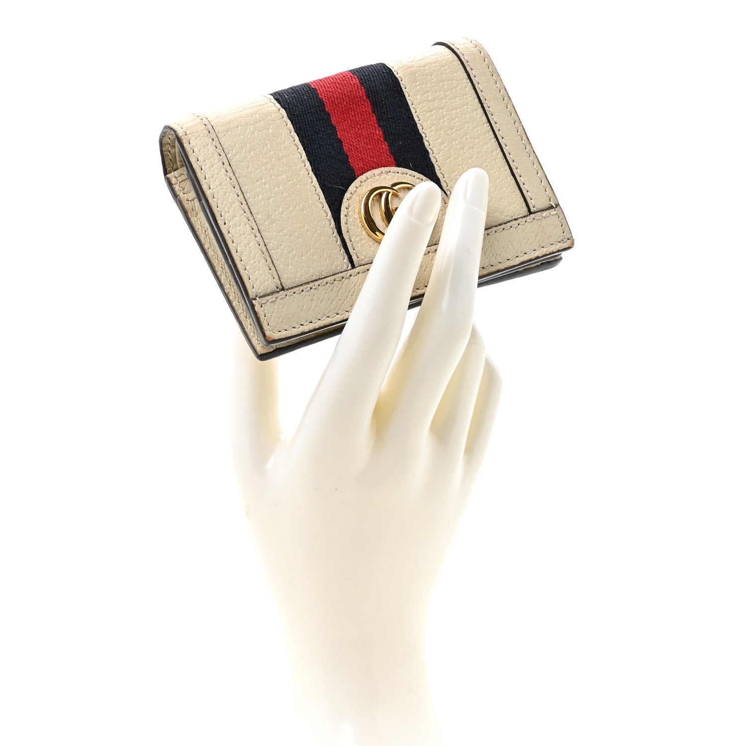 Textured Calfskin Web Ophidia Card Case Mystic White