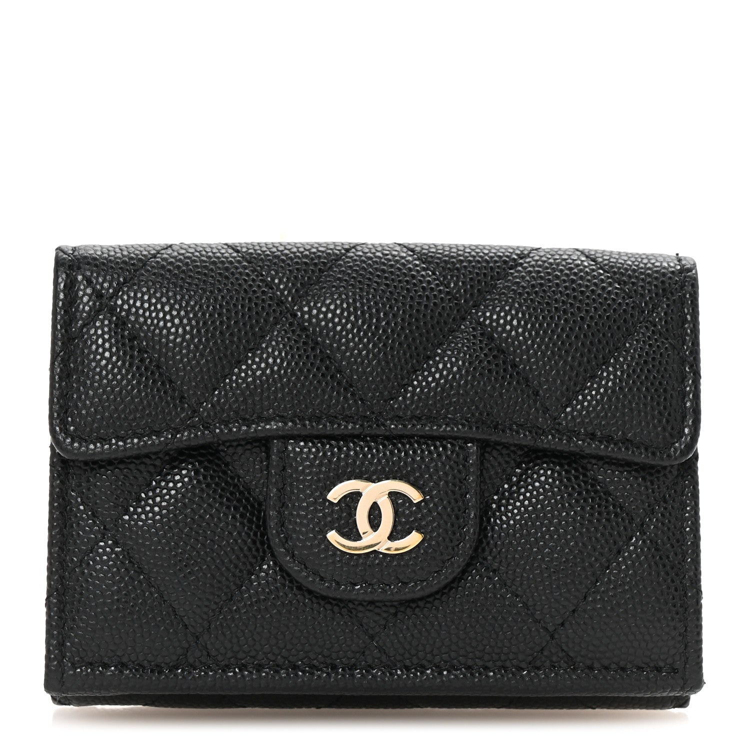 Caviar Quilted Tri-Fold Flap Wallet Black