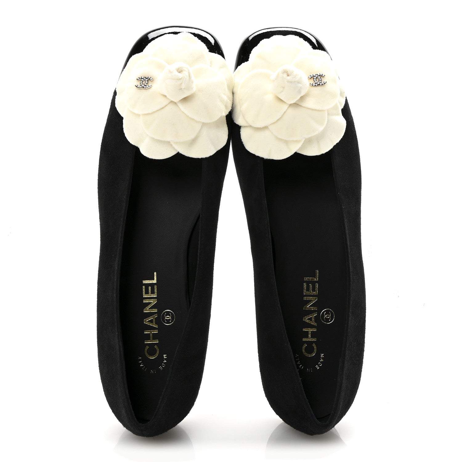 Suede Patent Cap Toe Camellia Ballerina Flats 39.5 Black White