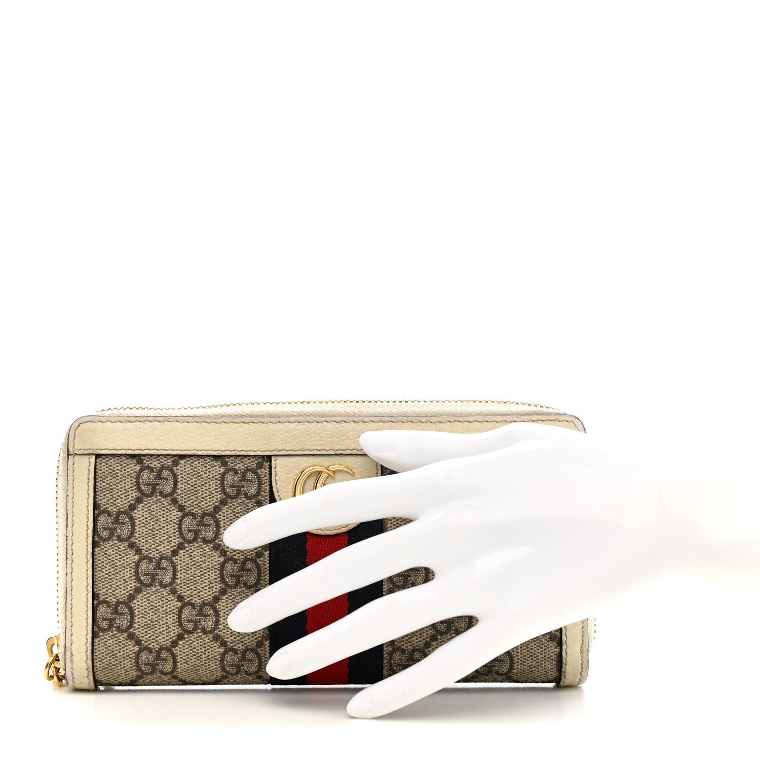 GG Supreme Monogram Textured Dollar Calfskin Web Ophidia Zip Around Wallet Beige Ebony Mystic White