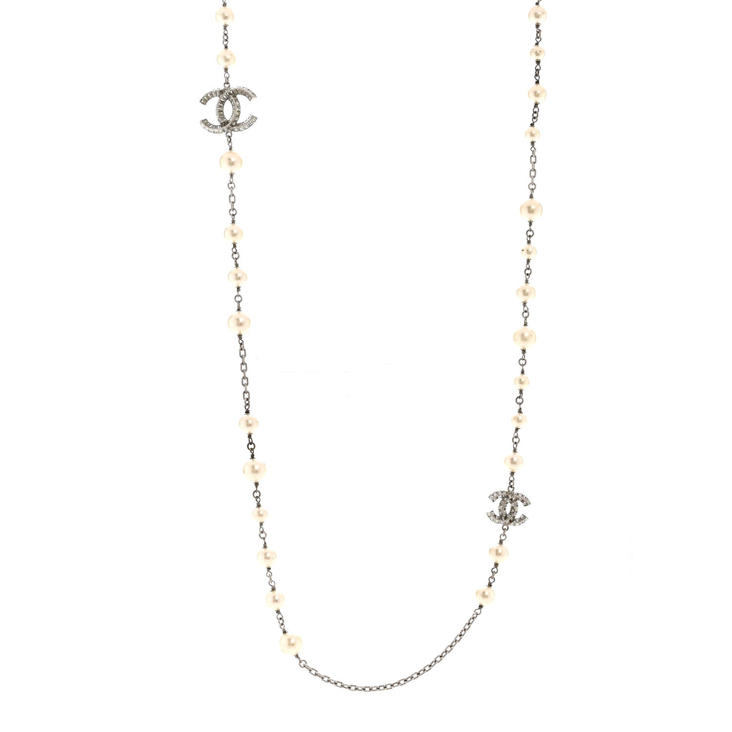 Pearl Baguette Crystal CC Long Necklace Silver