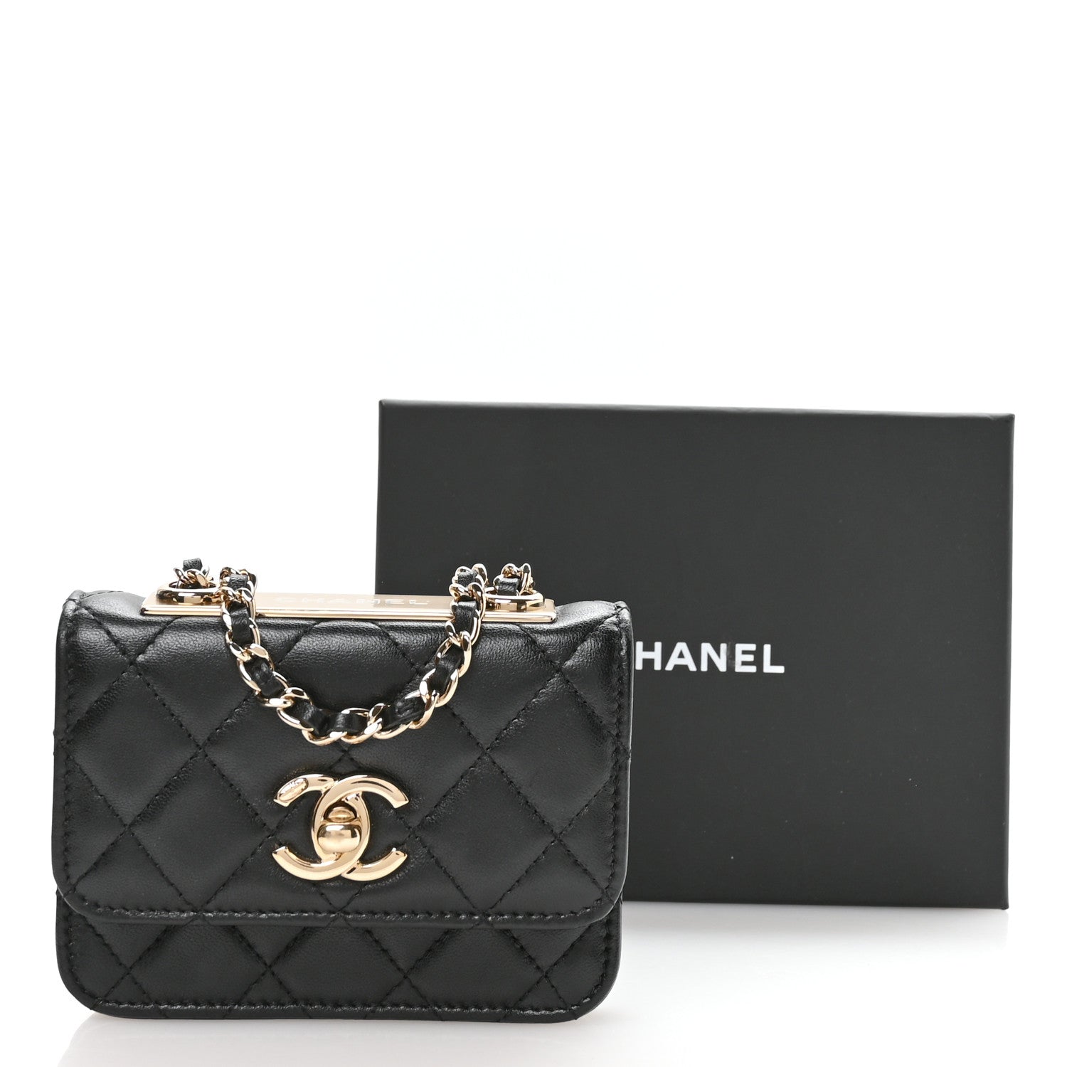 Lambskin Quilted Trendy CC Card Holder On Chain Black