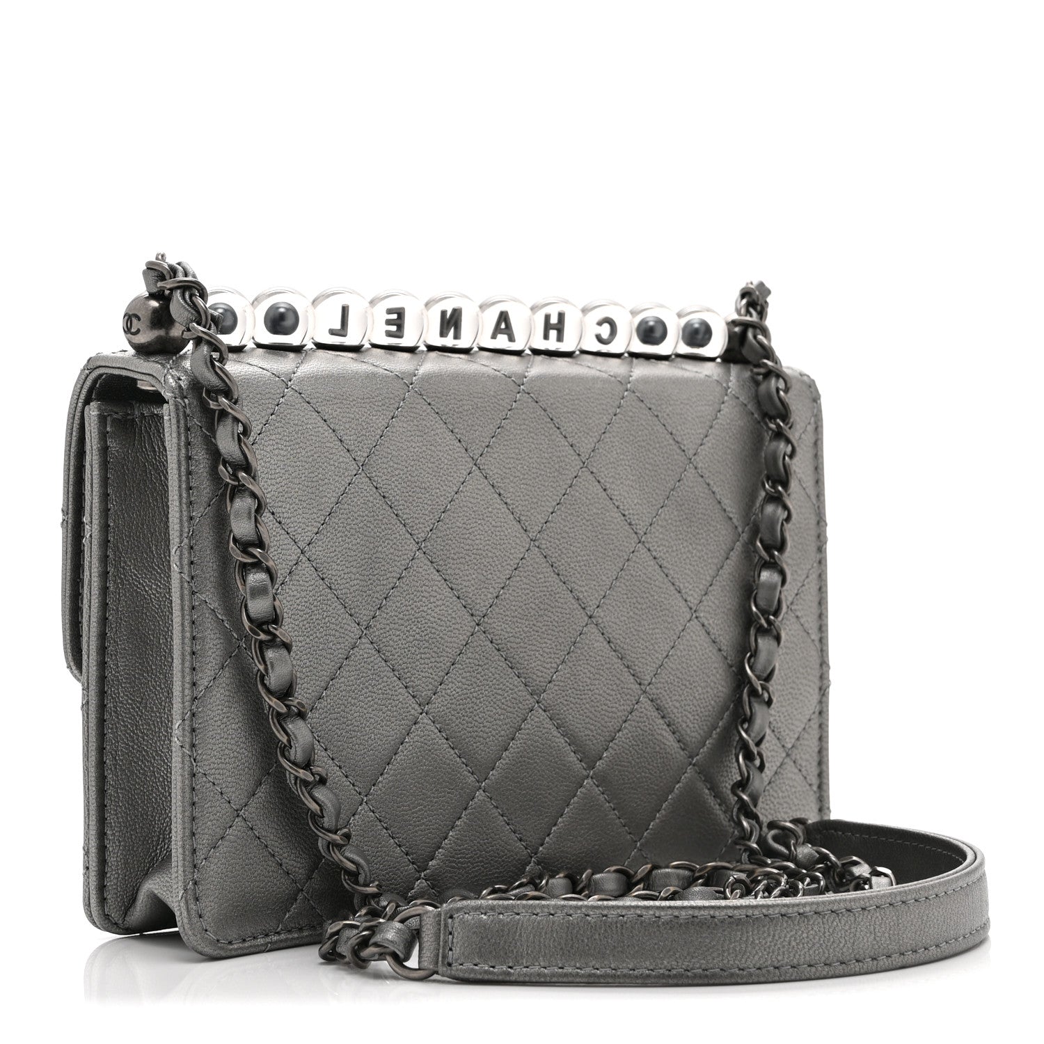 Metallic Goatskin Quilted Small Chic Pearls Flap Silver