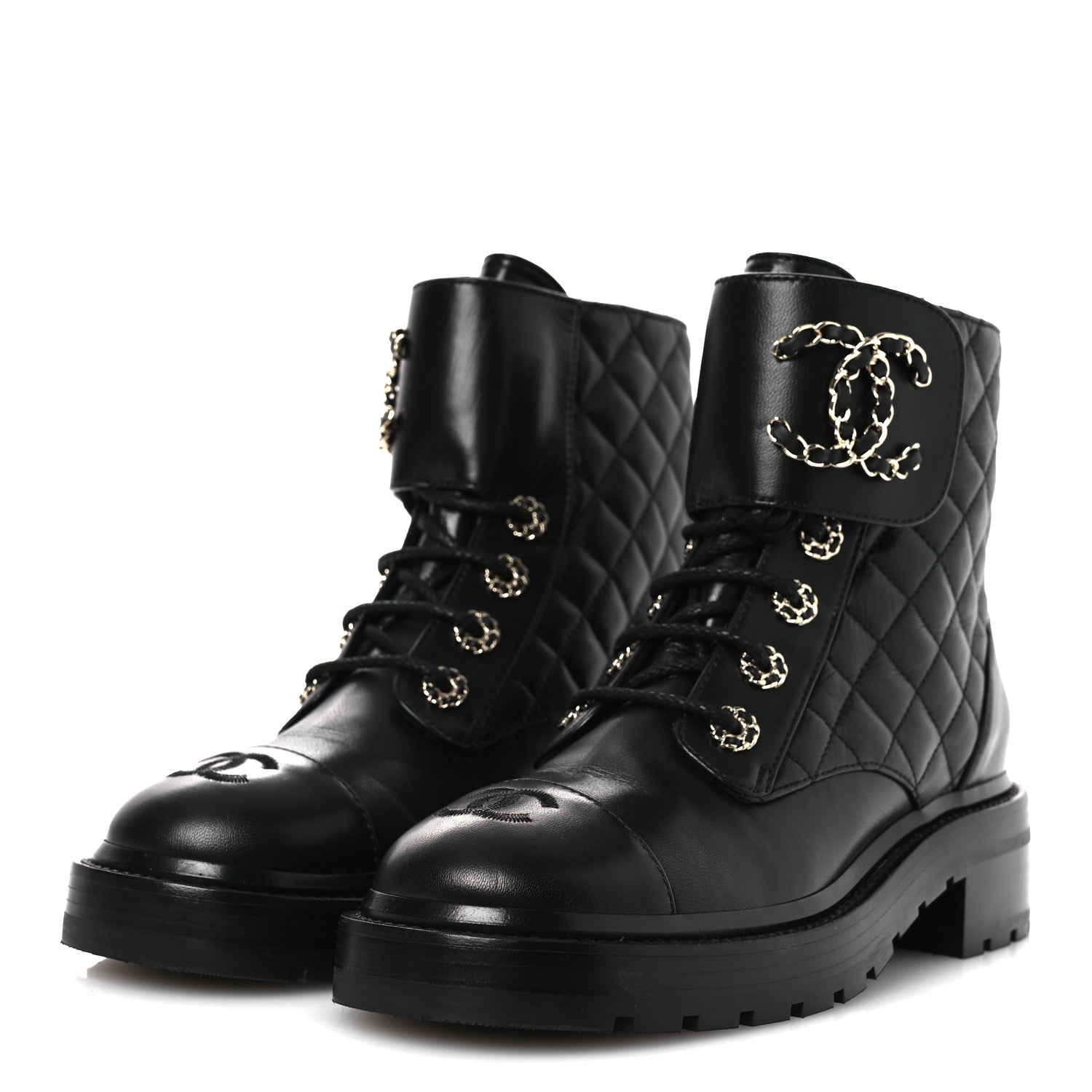 Shiny Lambskin Quilted Lace Up Combat Boots 37 Black