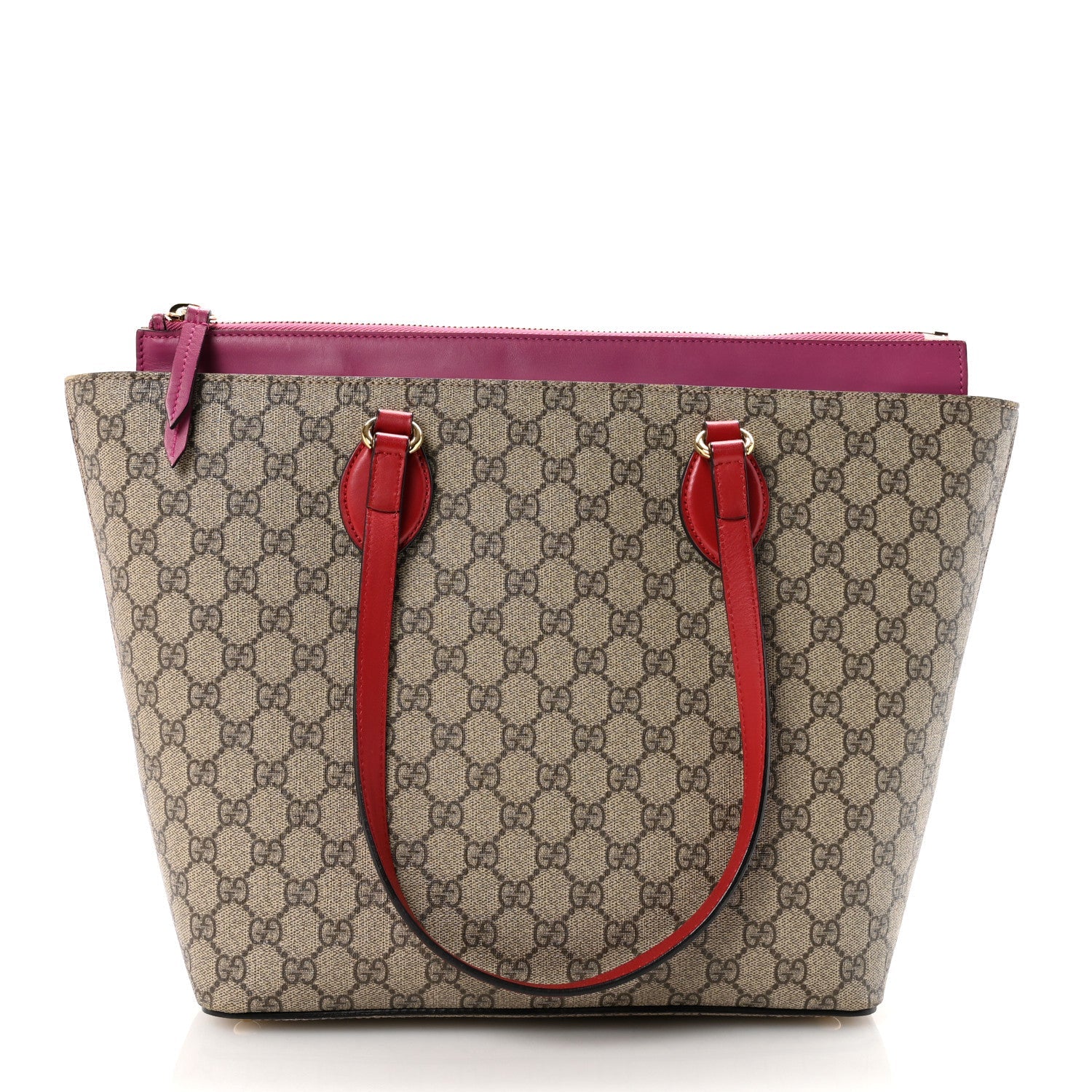 GG Supreme Monogram Medium Zippered Bucket Tote Beige Hibiscus Red New Rosette