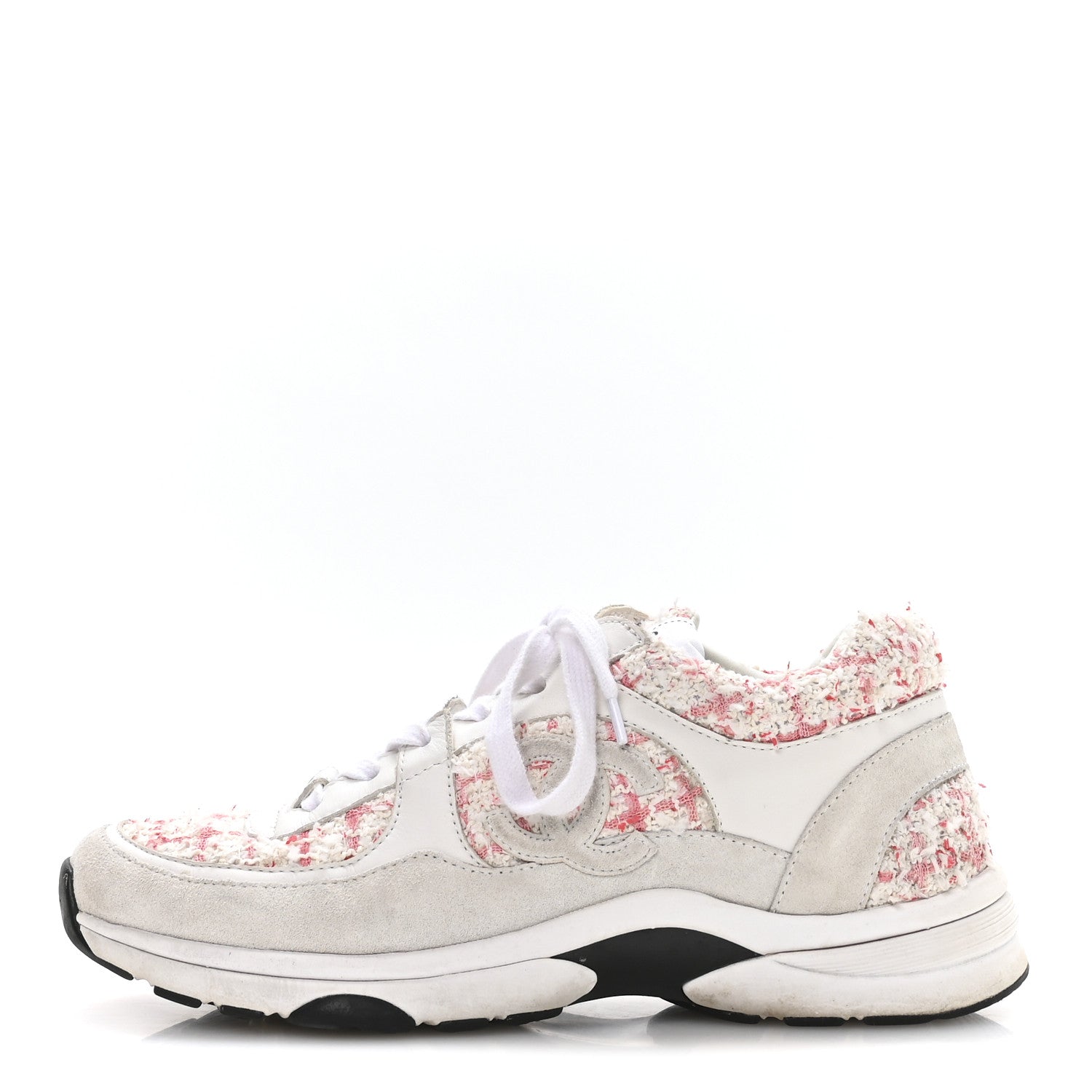 Tweed Suede Calfskin Womens CC Sneakers 39.5 Ecru Pink Red White