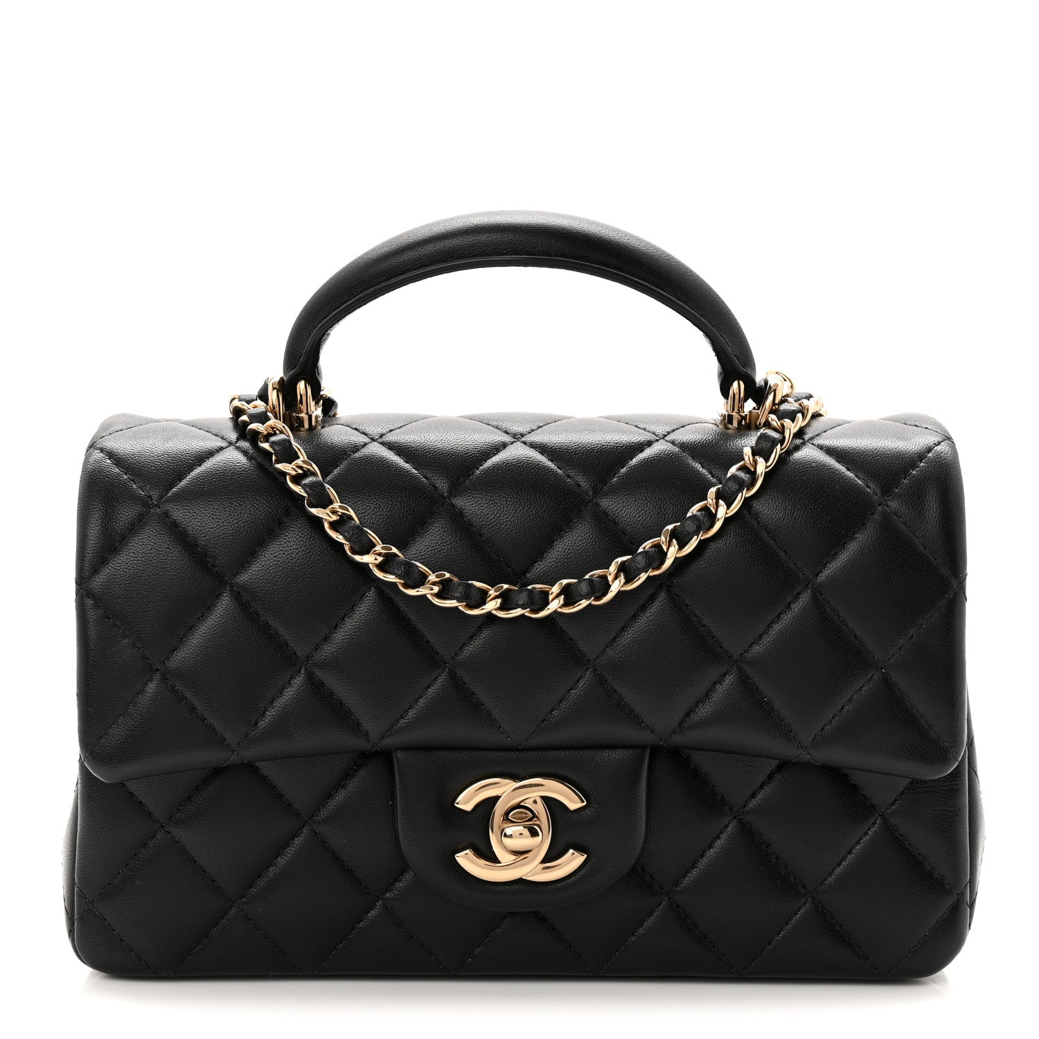 Lambskin Quilted Mini Top Handle Rectangular Flap Black