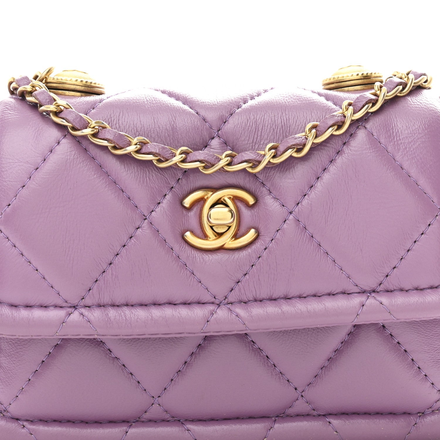 Shiny Lambskin Quilted Extra Mini Flap Purple